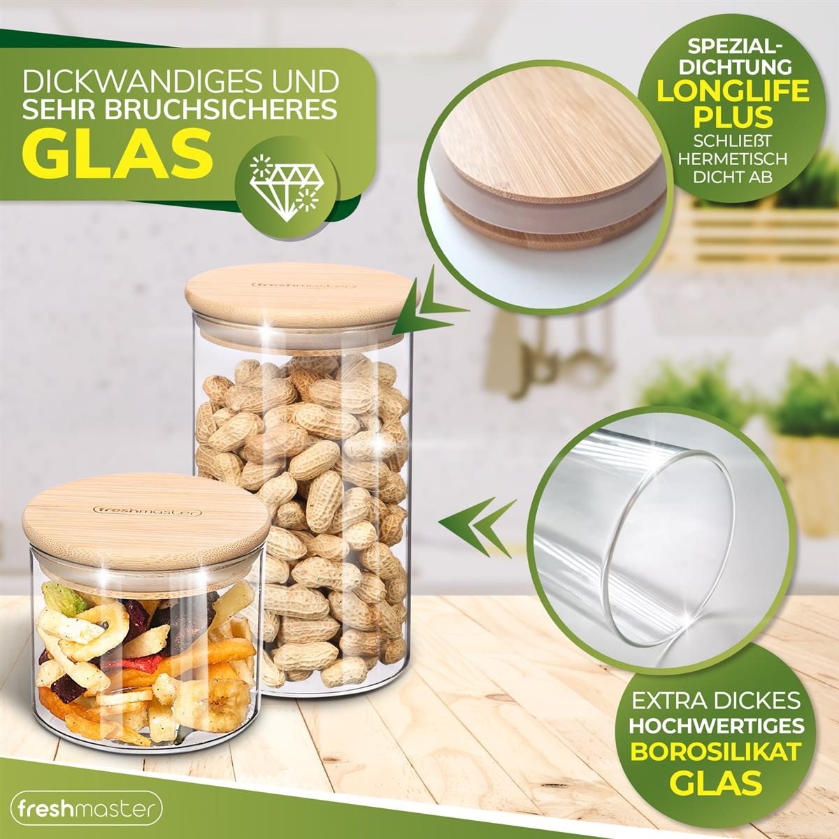 Glasbehälter mit Holzdeckeln, gefüllt mit Nüssen und Trockenfrüchten, auf Holzoberfläche.