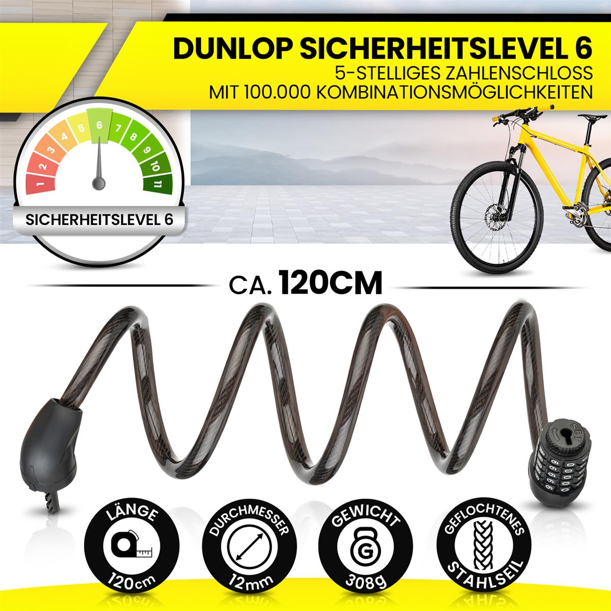 Schwarzes Fahrradschloss mit Kabel. Der Text "SICHERHEITSLEVEL 6" und Maßangaben sind vorhanden.