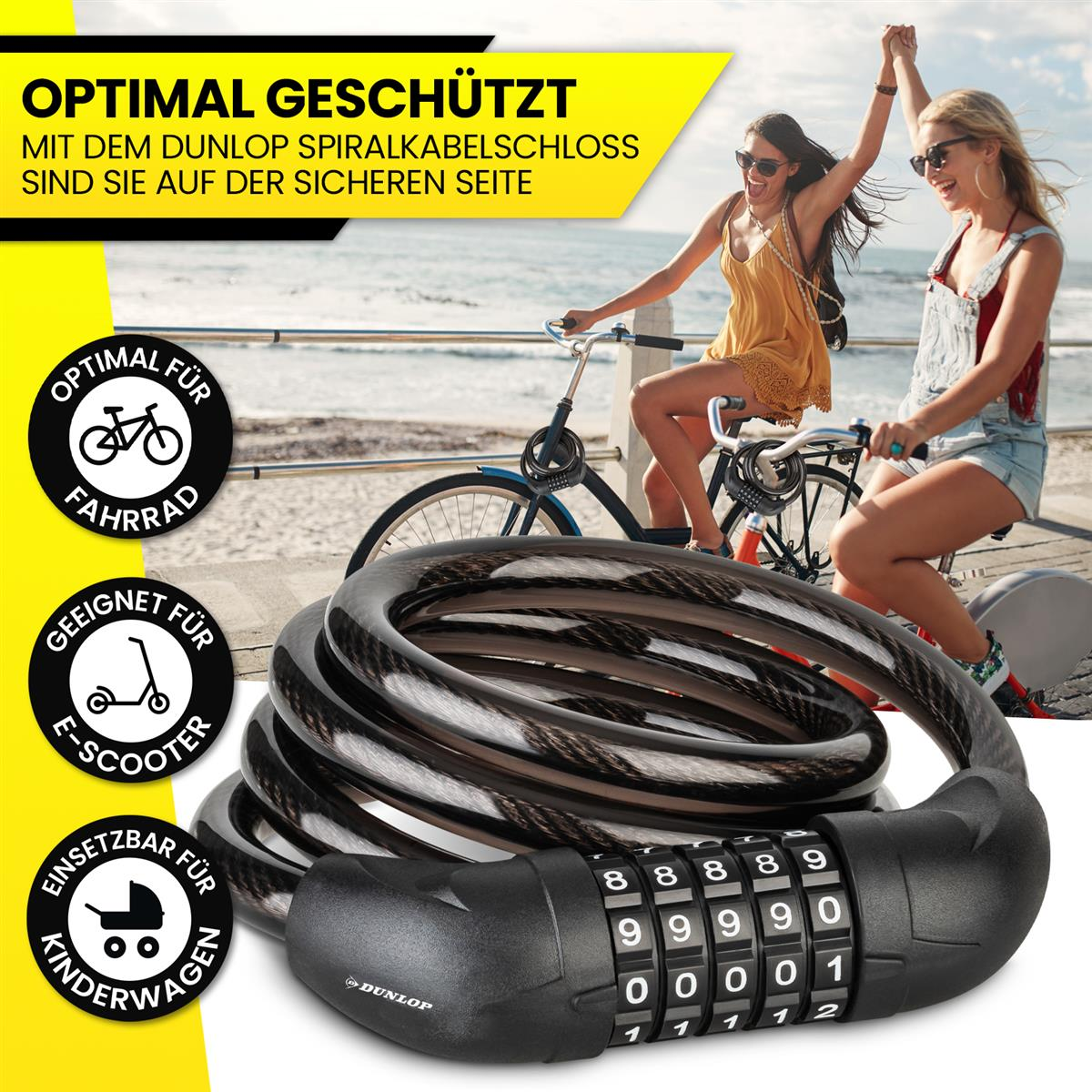 Ein schwarzes Fahrradschloss mit einem Kombinationsrad und zwei Frauen, die Fahrrad fahren.