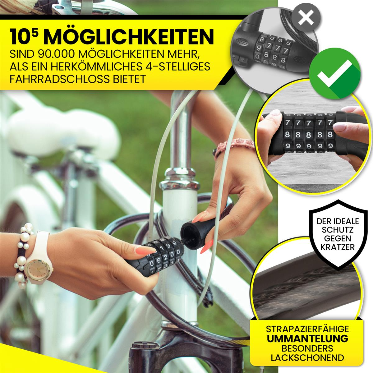 Nahaufnahme eines Zahlenschlosses an einem Fahrrad. Hände verdrehen das Schloss. Weißes Fahrrad.