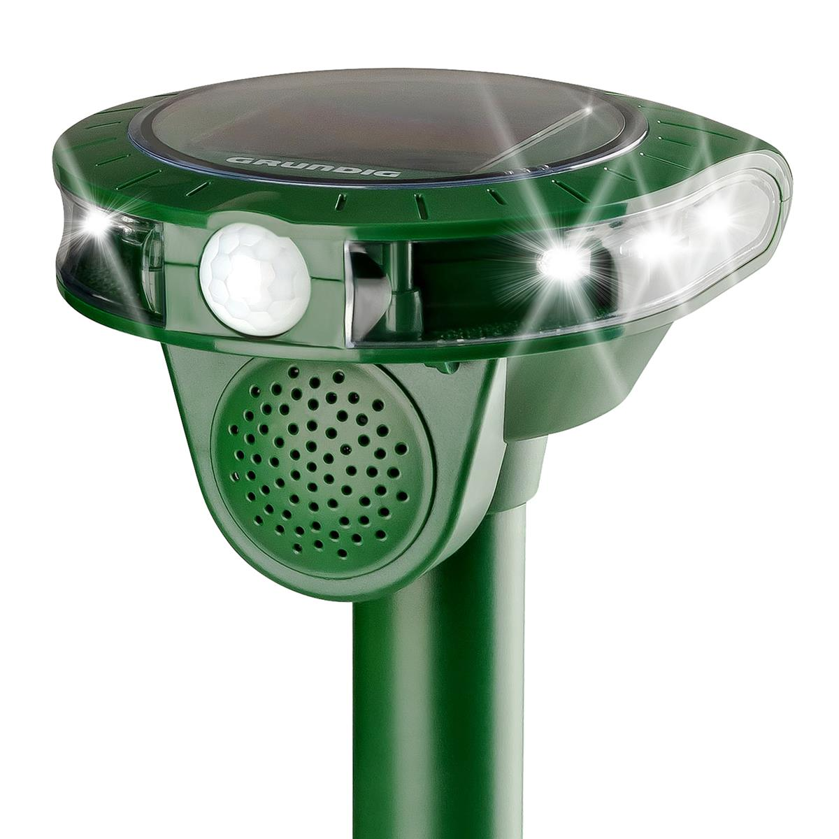 Ein grüner, solarbetriebener Schädlingsbekämpfer mit Lichtern, Sensor und Lautsprecher.