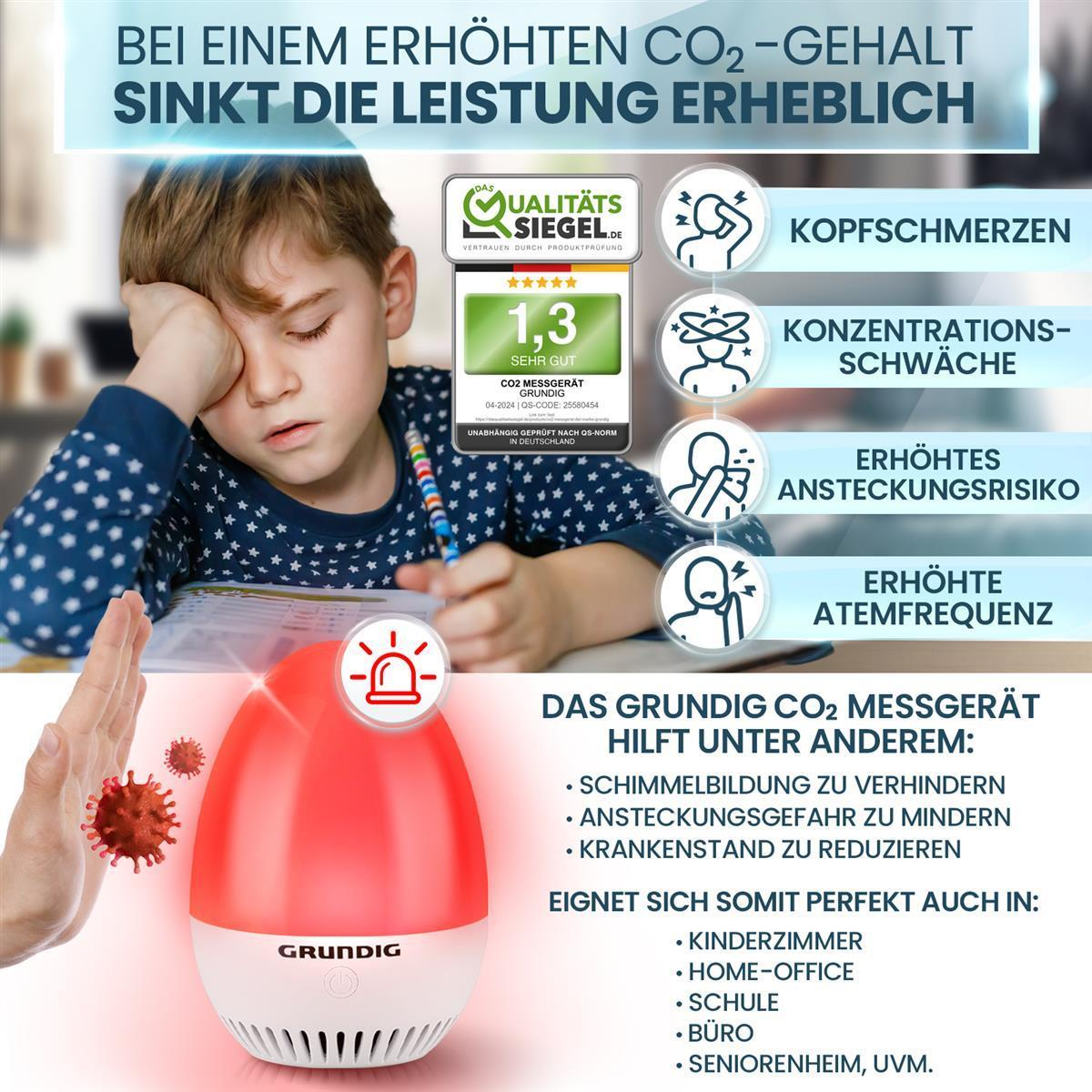 Ein Kind mit einem roten CO2-Sensor. Der Sensor hilft, Gesundheitsrisiken in verschiedenen Umgebungen zu reduzieren.