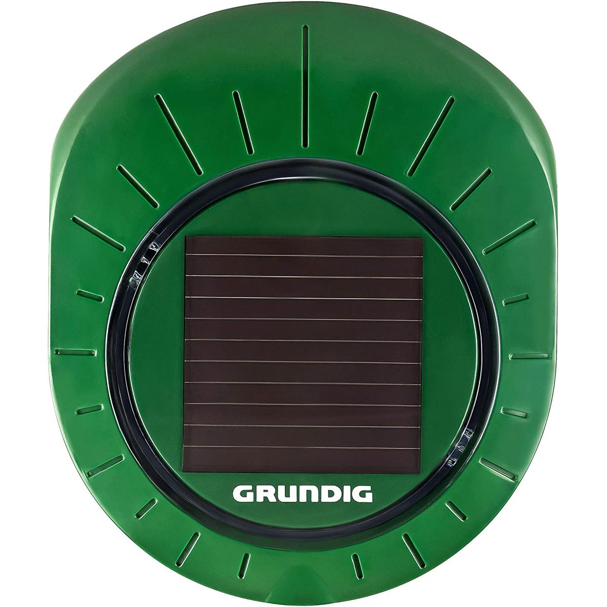 Ein grüner Grundig Maulwurfvertreiber mit Solarpanel und schwarzem Ring.
