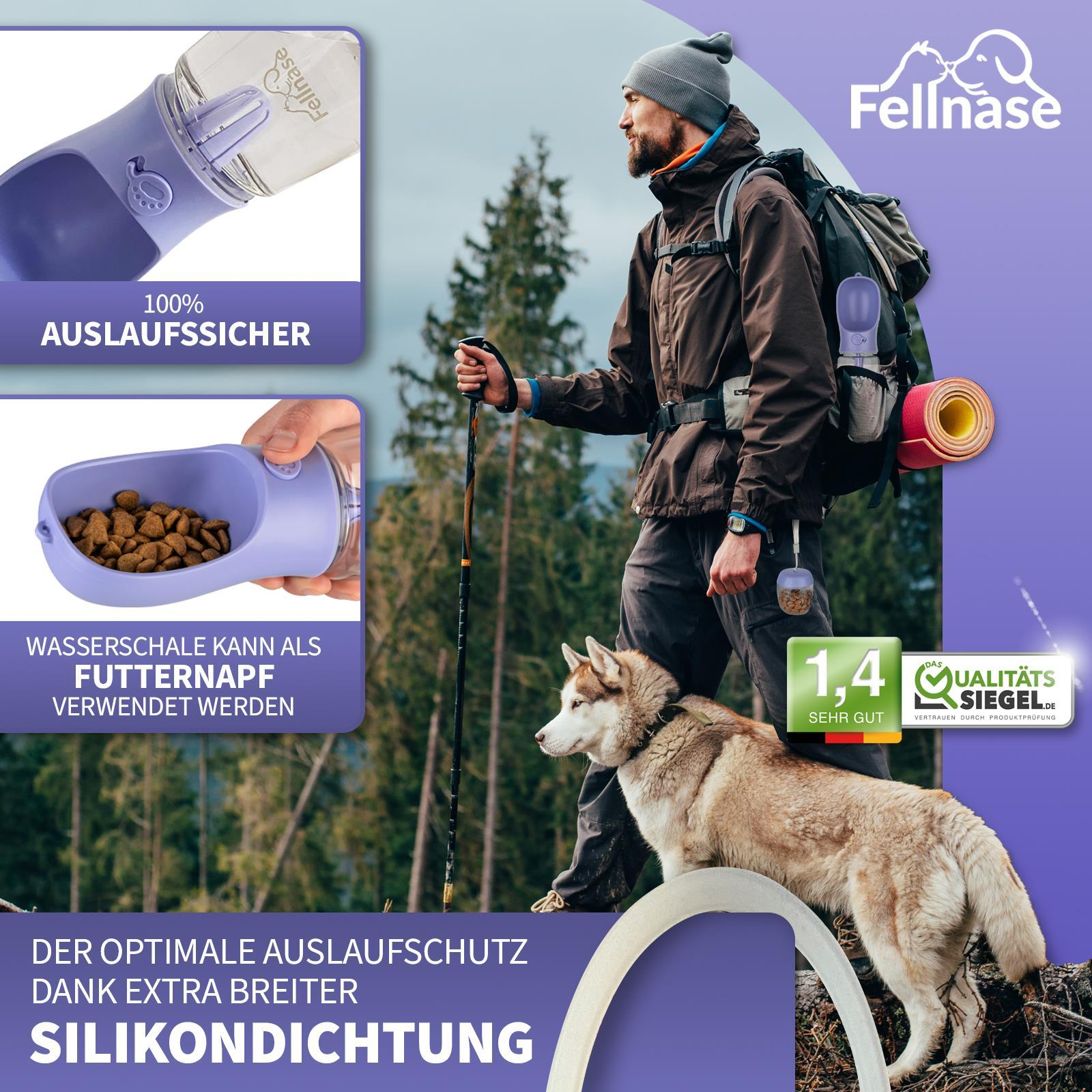 Ein Mann und ein Hund mit einer lila Haustierwasserflasche und -schale, mit Text auf Deutsch.