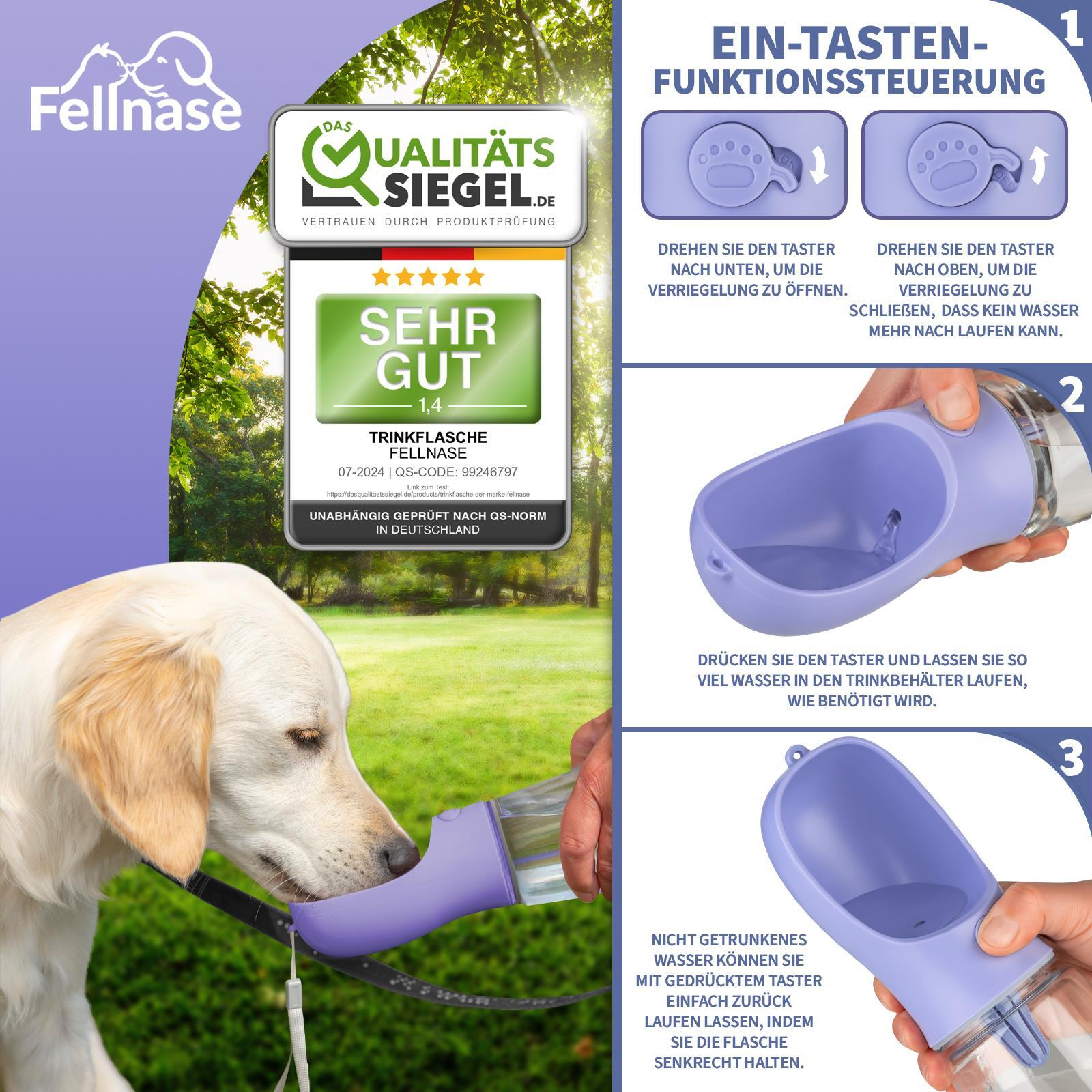 Hund trinkt aus lila Wasserflasche. Text: Qualitätssiegel. Hintergrund: Natur.