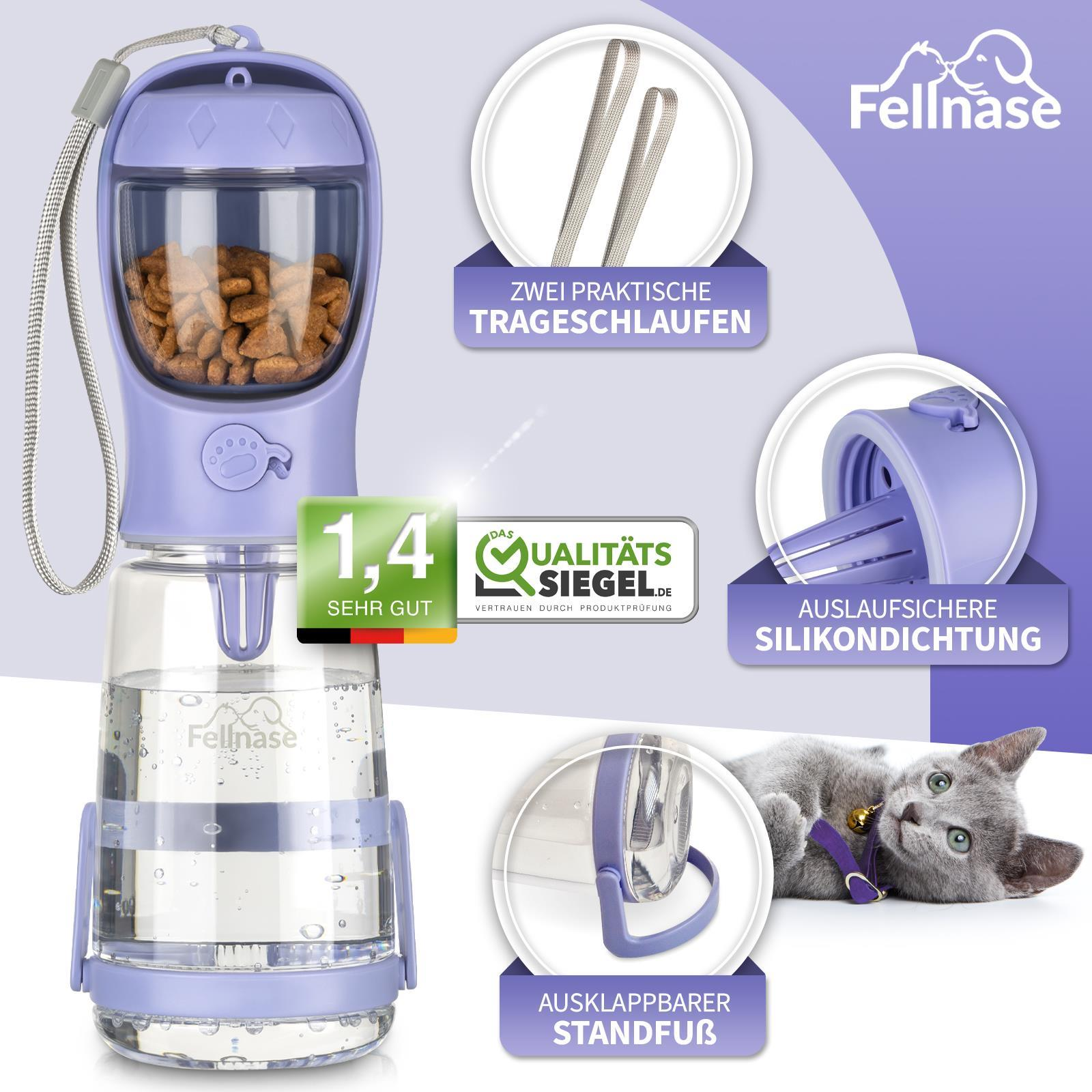 Ein lilafarbenes Wasserflaschen-Set mit einer Katze und grauem Hintergrund. Hat ein Label 'Fellnase'.