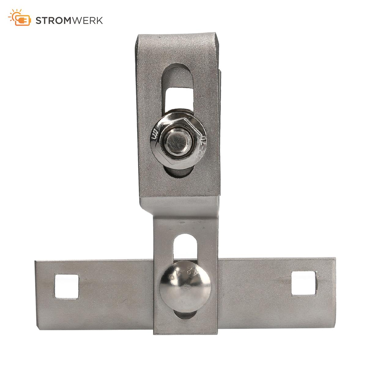 Metallhalterung mit Schraube und zwei quadratischen Löchern, mit Stromwerk-Logo.