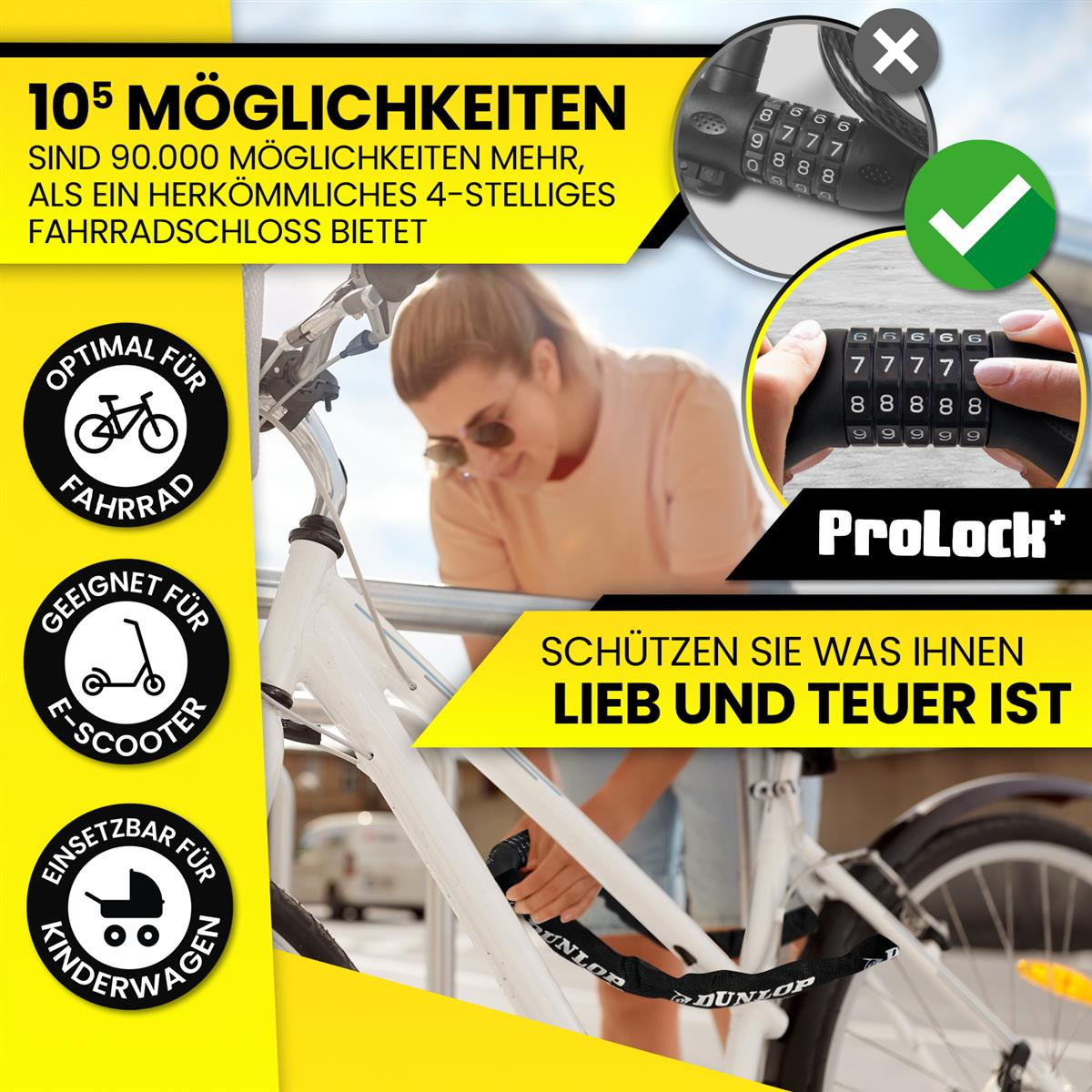 Ein Fahrrad, das mit einem ProLock-Zahlenschloss gesichert ist, mit Frau und Text auf Deutsch.