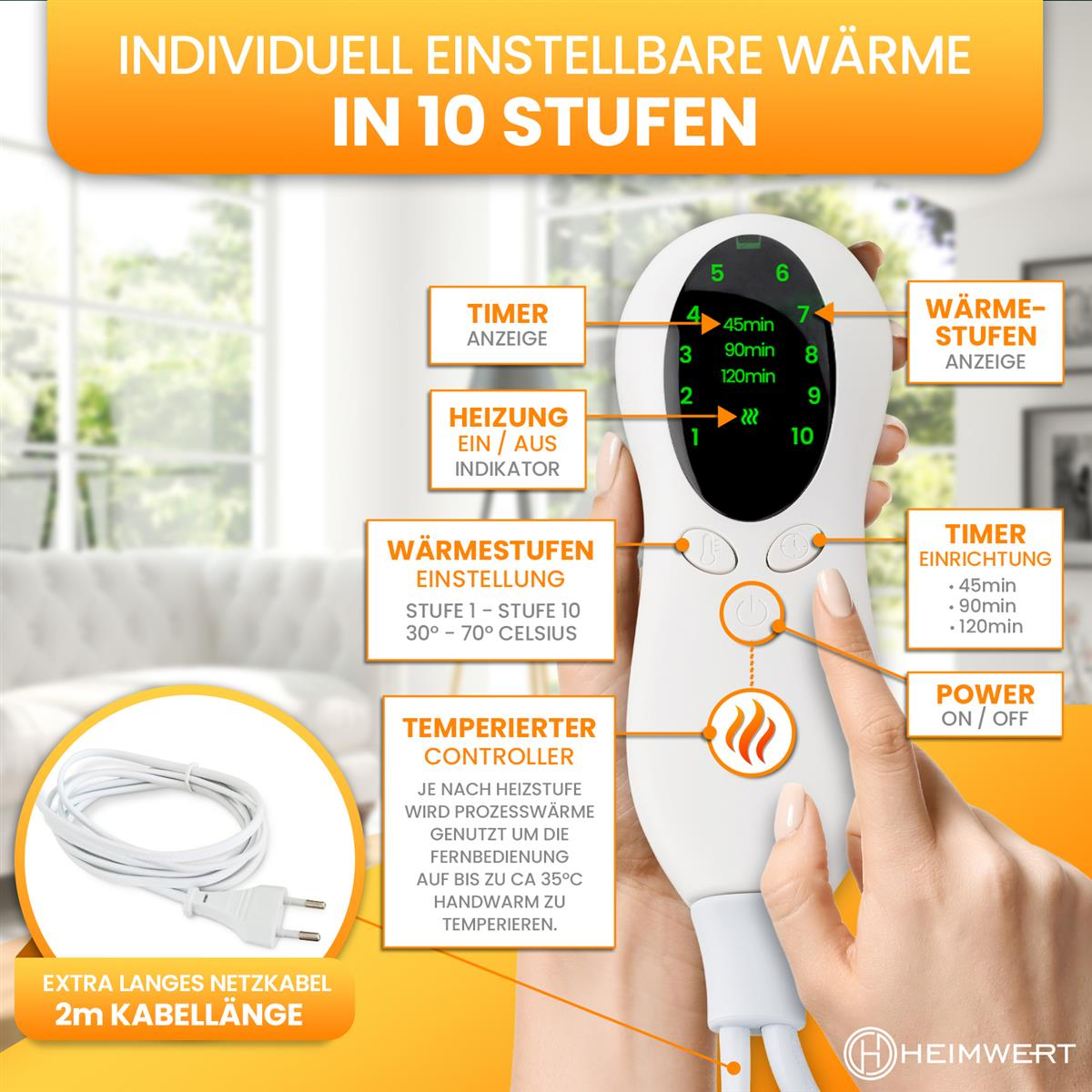 Ein Bedienfeld mit Knöpfen und einem Display, verbunden mit einem weißen Heizkissen.