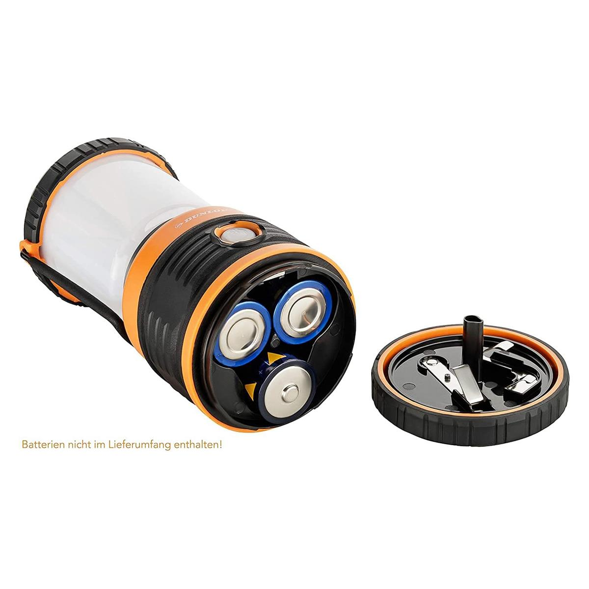 Laterne mit sichtbaren Batterien, orangefarbenes und schwarzes Gehäuse.