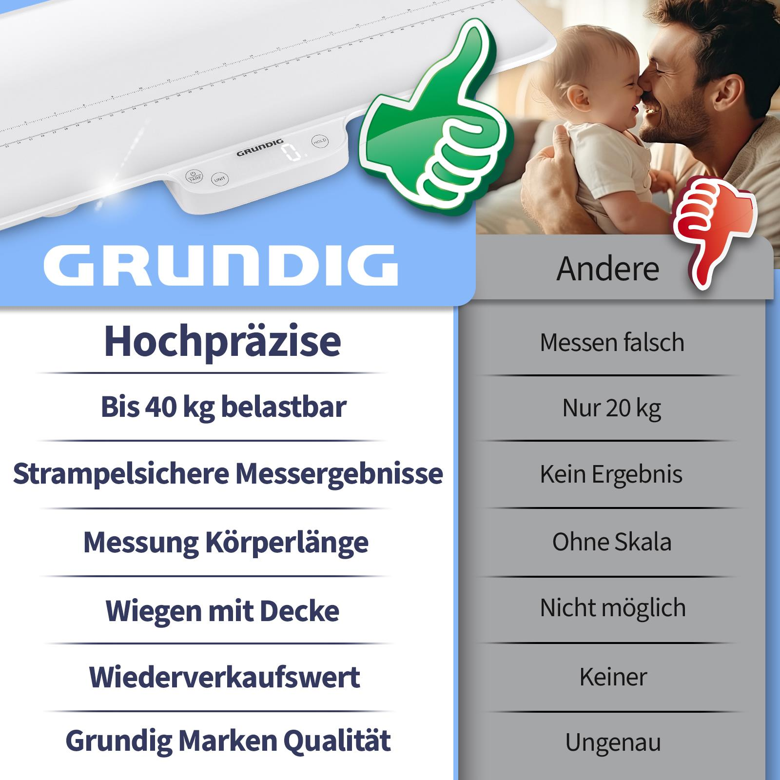 Ein Baby ist mit einem Vater, einer Waage und Text. Der Text enthält Details zu den Funktionen der Waage.