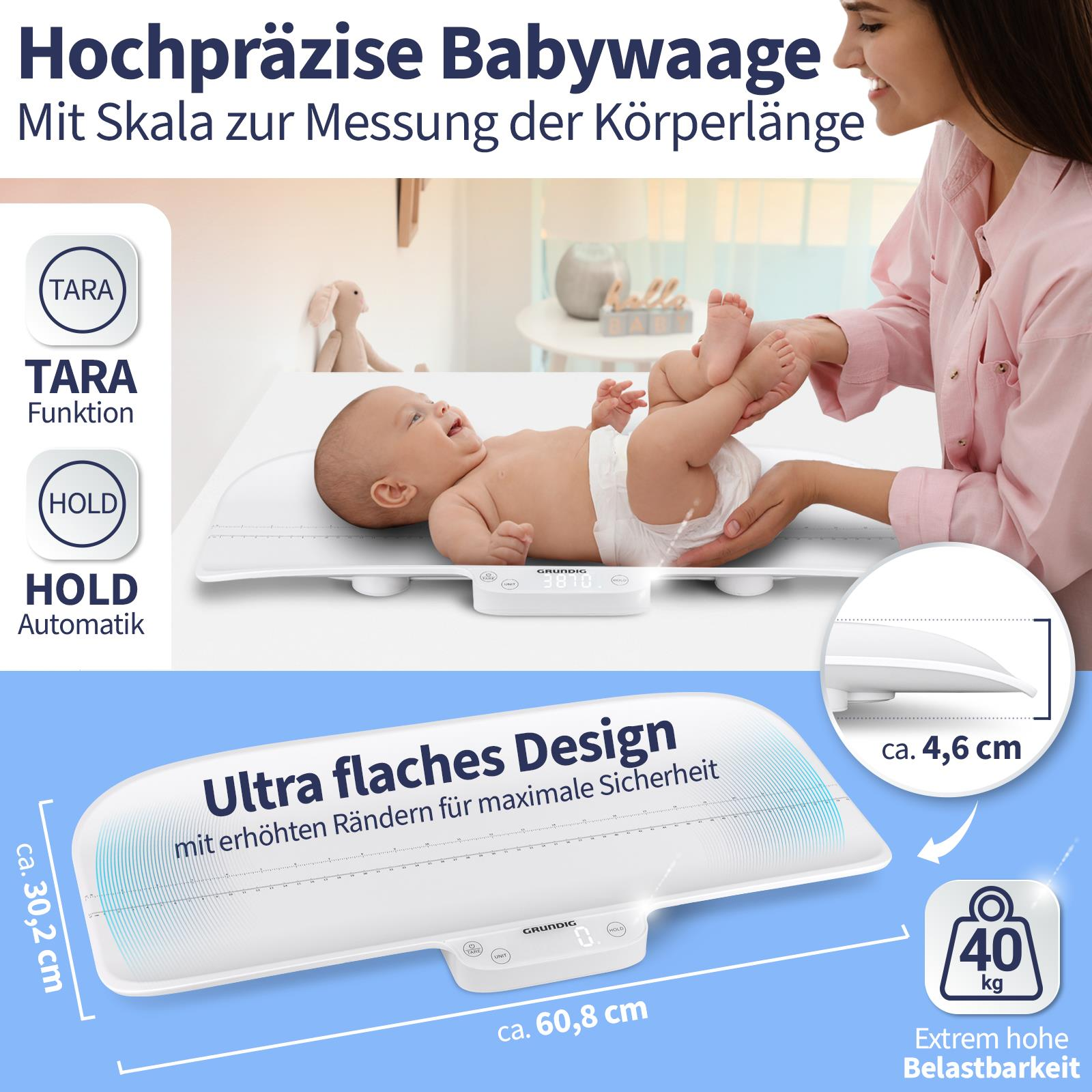 Babywaage mit einem Baby, das darauf liegt, mit Textbeschriftungen.