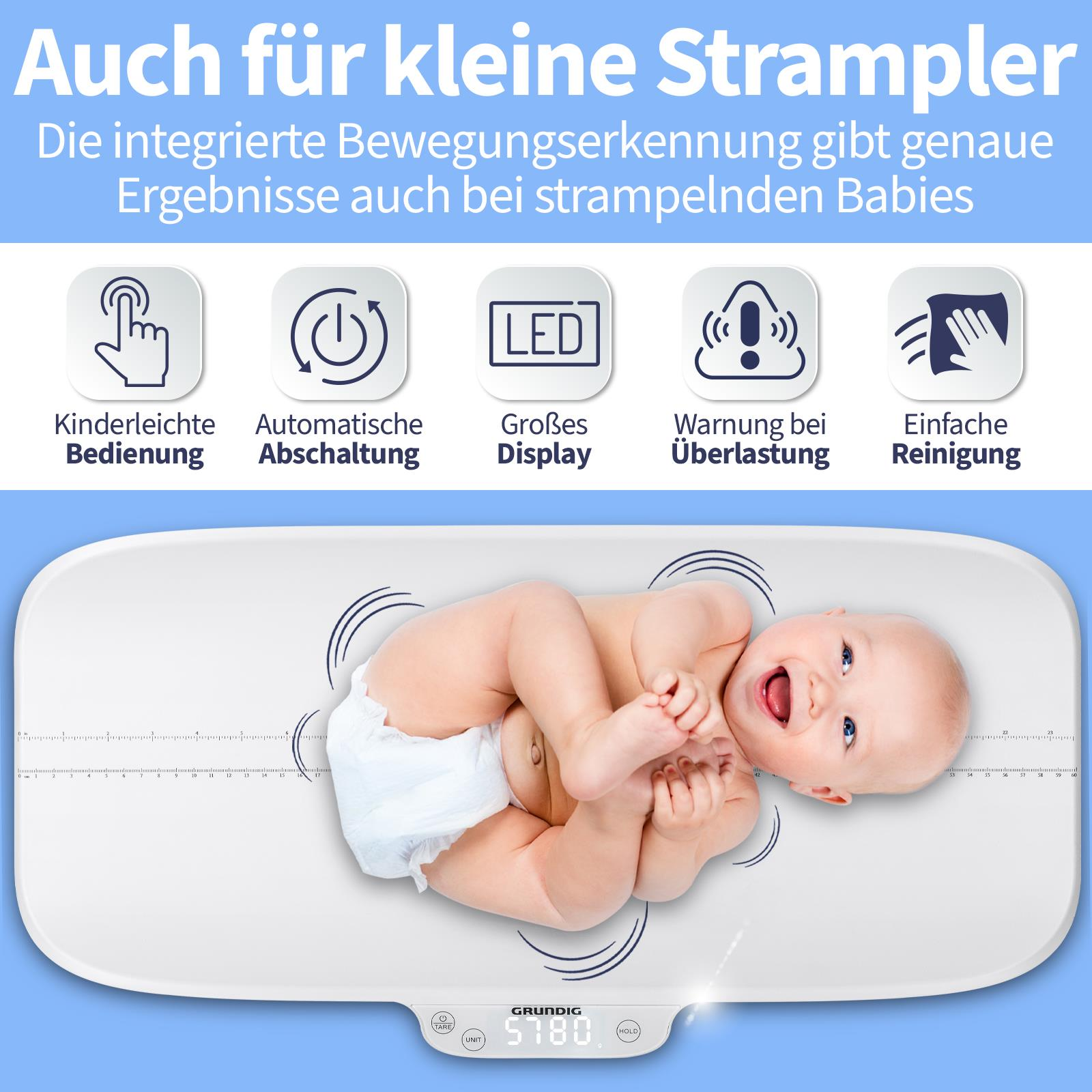 Baby auf einer weißen Waage. Text: Auch für kleine Strampler. Einfache Bedienung, automatische Abschaltung, LED-Anzeige.