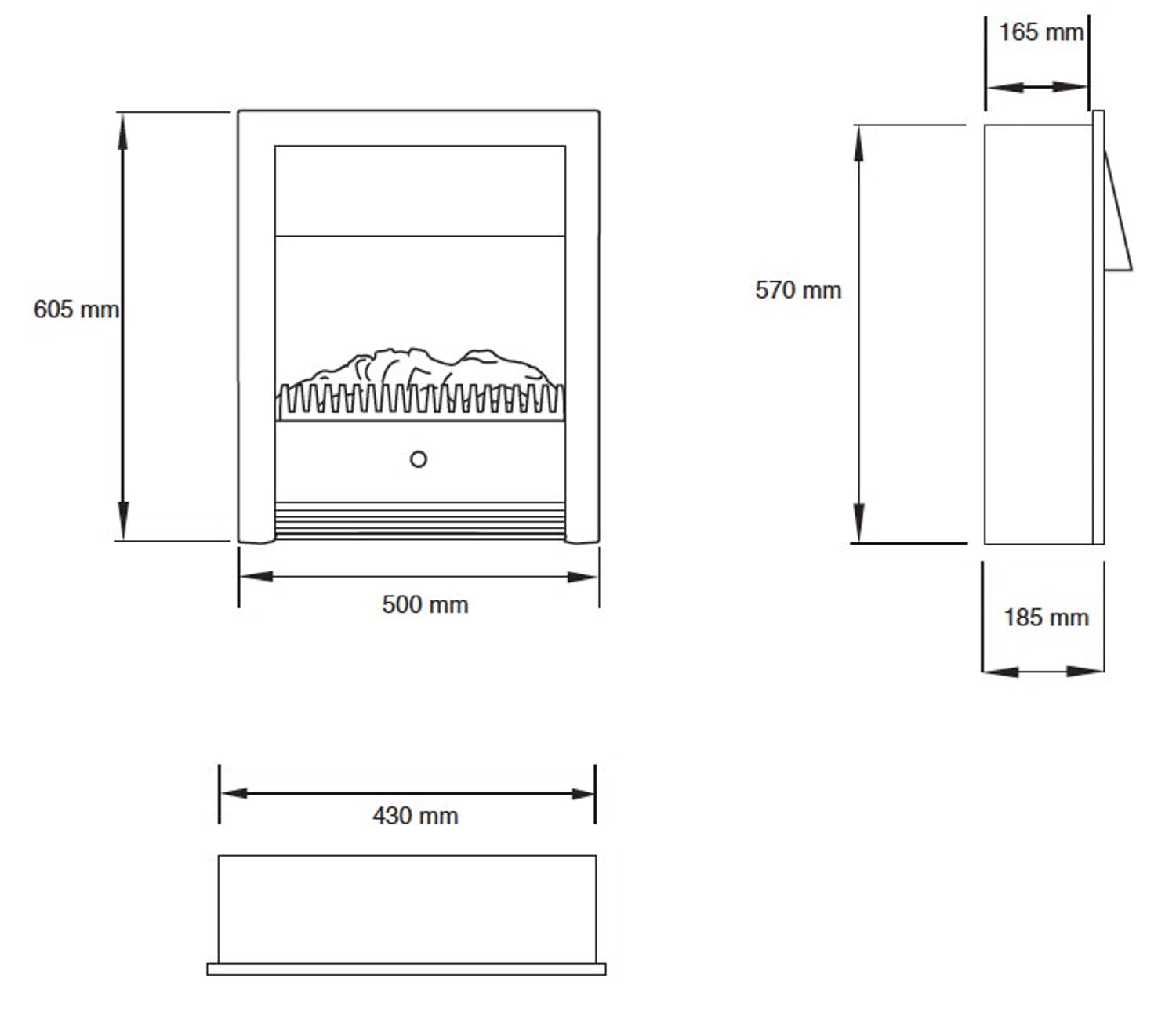 Diagram met afmetingen van een haard, inclusief hoogte, breedte en diepte.