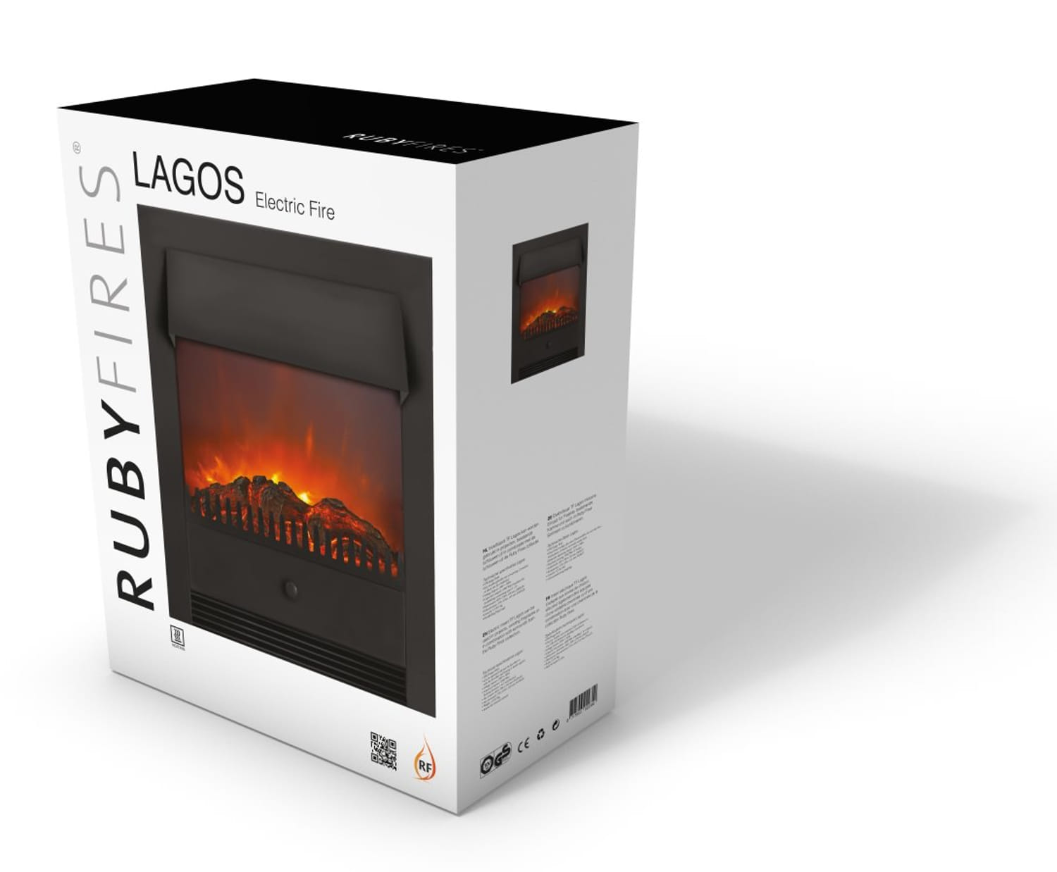 Witte doos met een afbeelding van een open haard. De doos is gelabeld met de woorden 'LAGOS Electric Fire'.