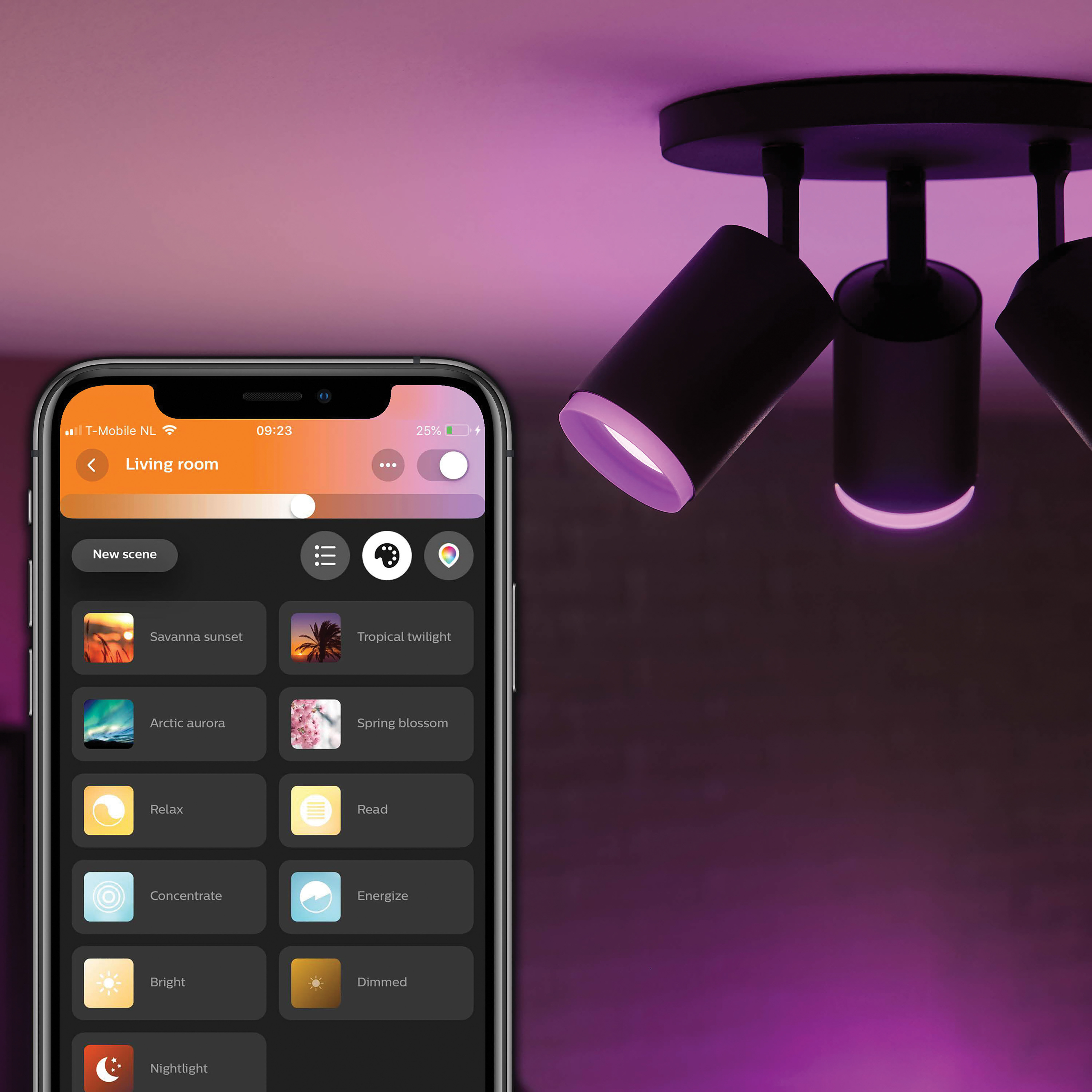 Un smartphone affichant une interface d'application de maison intelligente, avec un plafonnier.