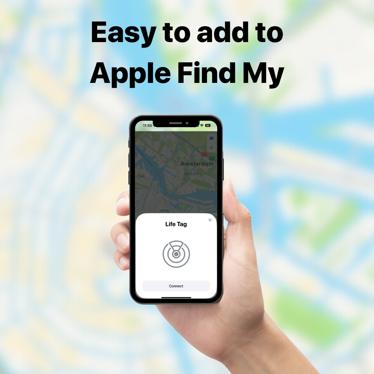A hand holding a phone with an app screen. The screen shows a map and a 'connect' button.