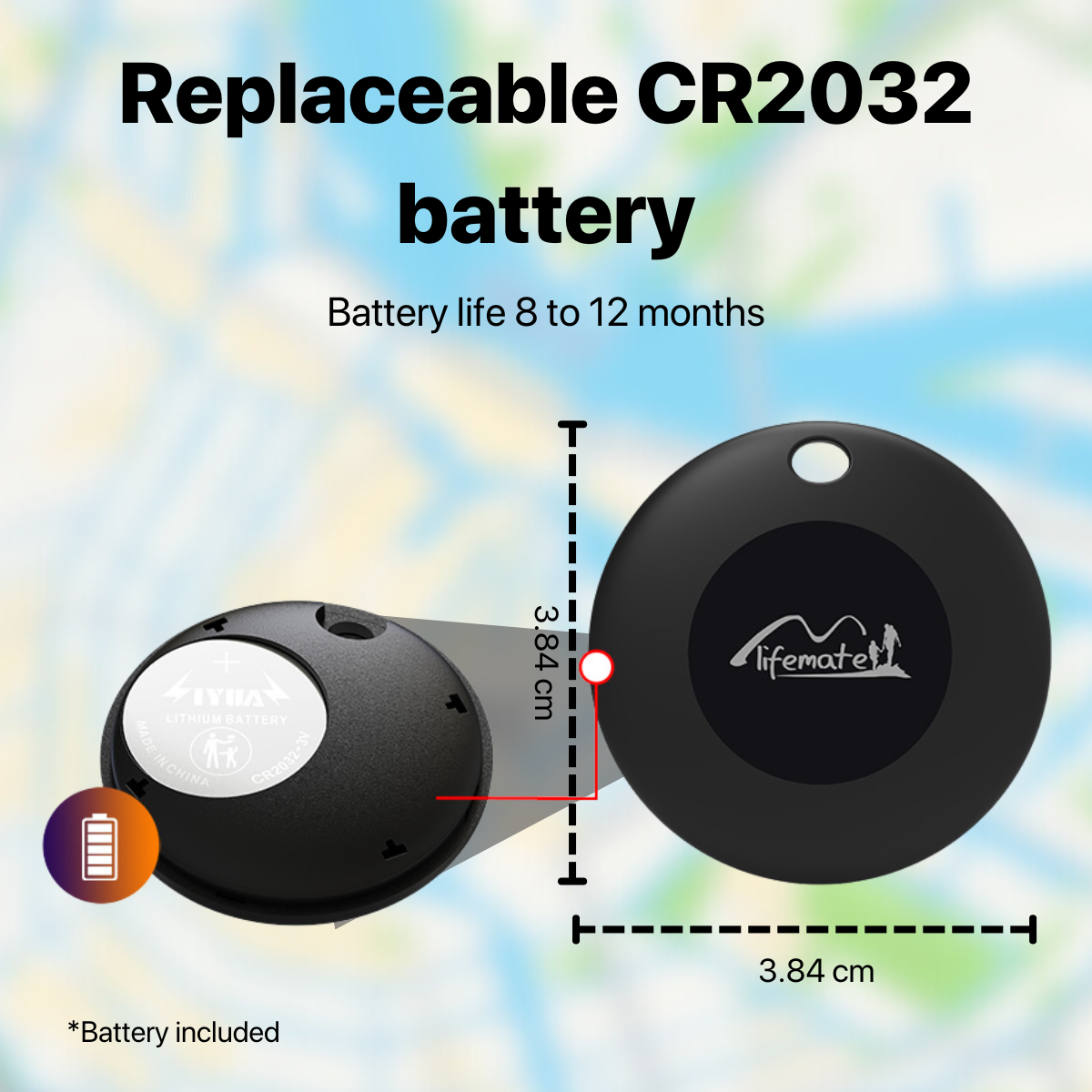 A small black round device with the brand name and the battery information. It has a red line.