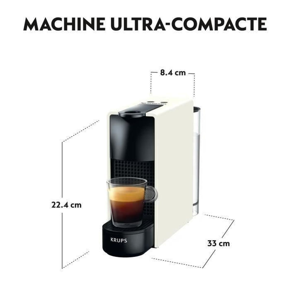 Weiß-schwarze Krups Espressomaschine mit Glasbecher. Abmessungen werden angezeigt, zeigen die Größe.