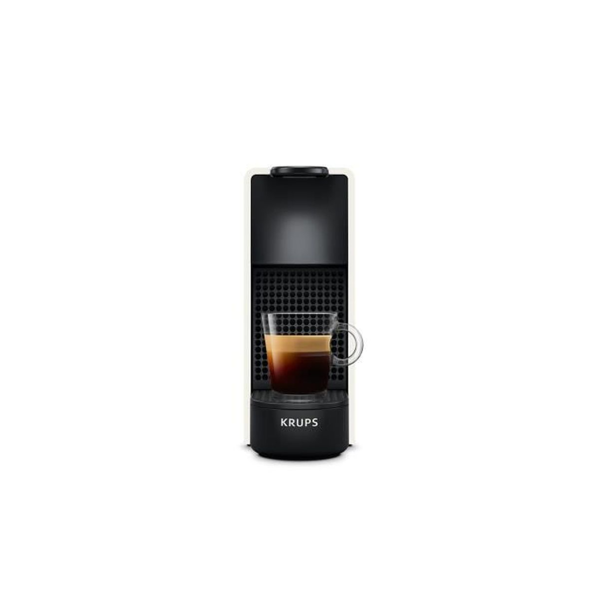 Eine Kaffeemaschine mit einer Tasse unter dem Auslauf. Der Markenname 'KRUPS'.