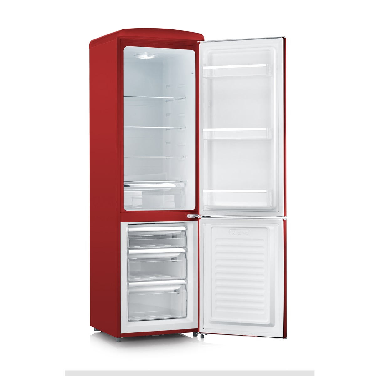 Frigorifero Smeg rosso con porta aperta, mostra ripiani.