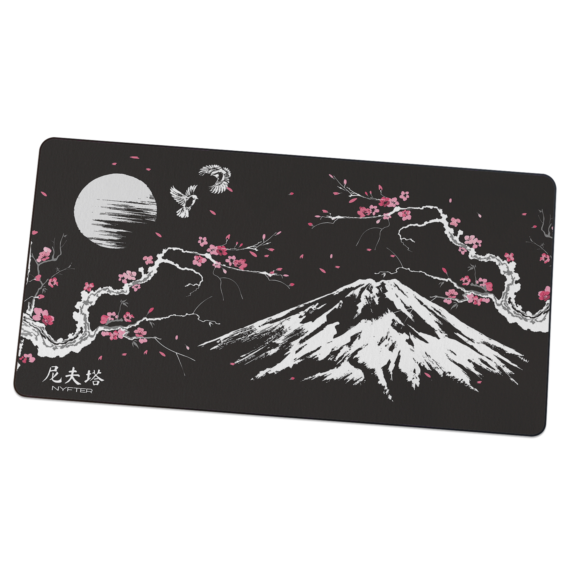 Ein schwarzes Mauspad mit einer japanischen Landschaftsillustration von Mount Fuji, Kirschblüten und Vögeln.