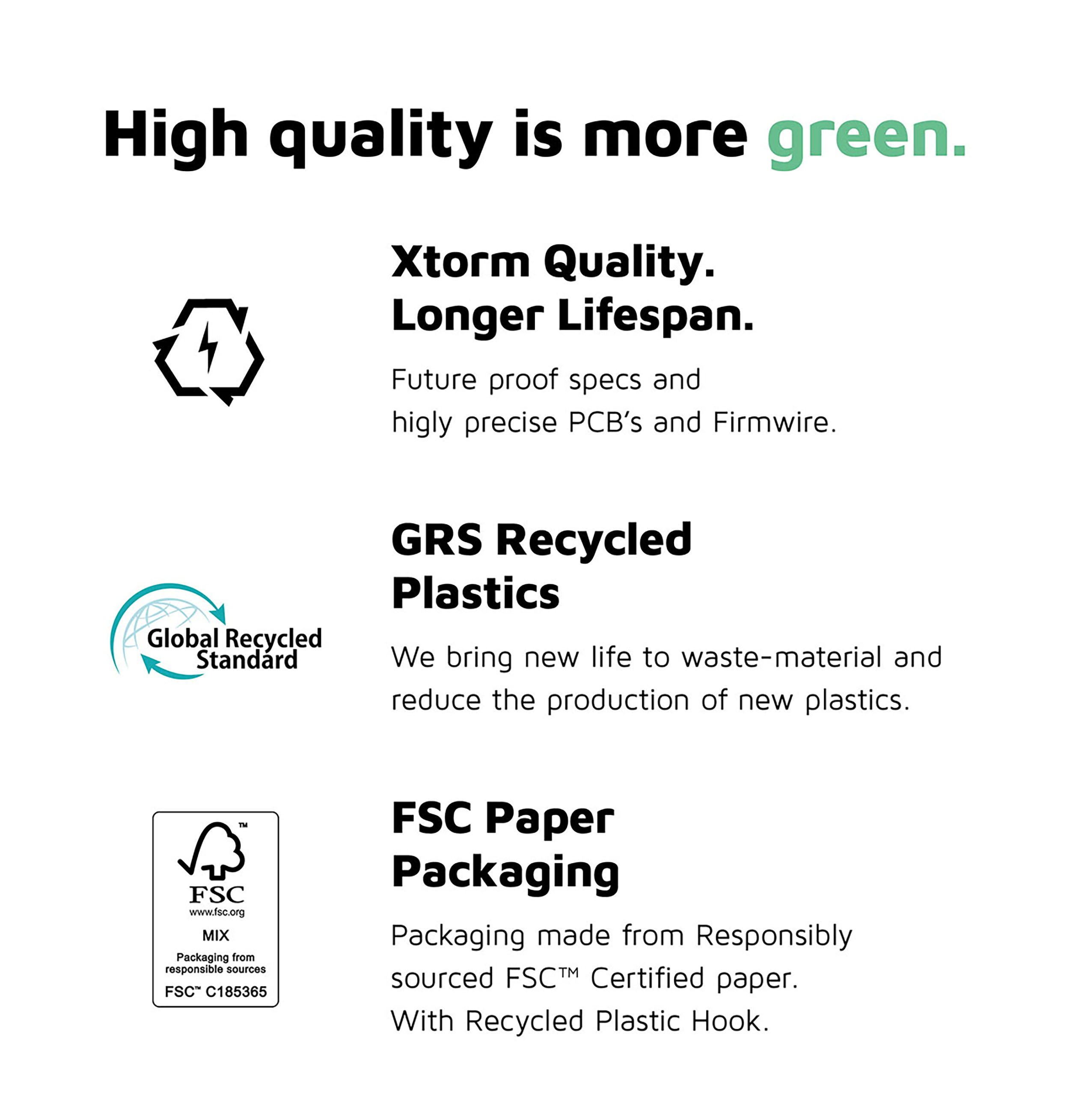 Icone e testo sulla qualità Xtorm, plastica riciclata e imballaggio in carta FSC. Lo sfondo è blu.