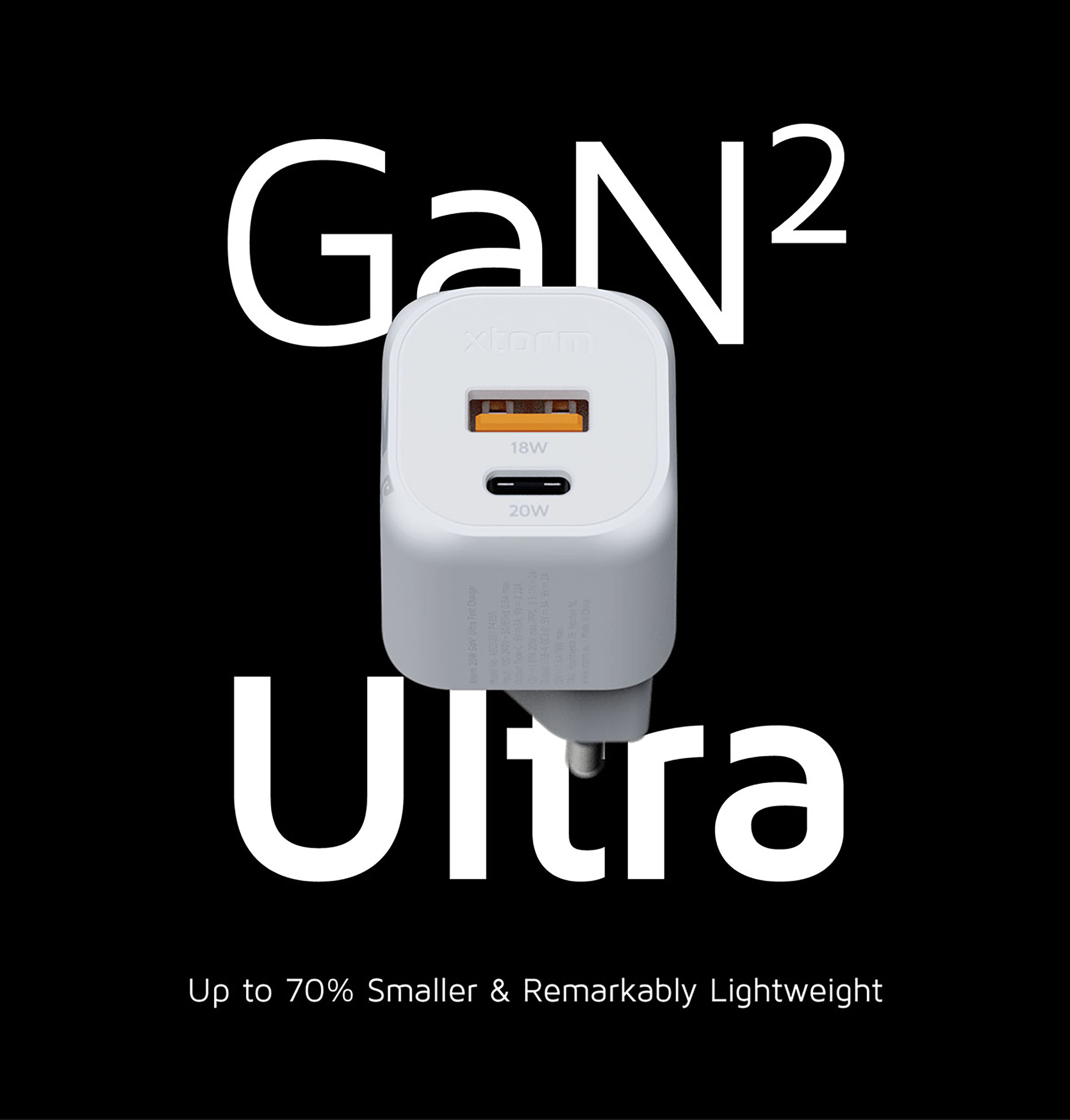 Caricabatterie bianco con testo "GaN² Ultra" su sfondo nero e testo "Up to 70% Smaller & Lightweight".