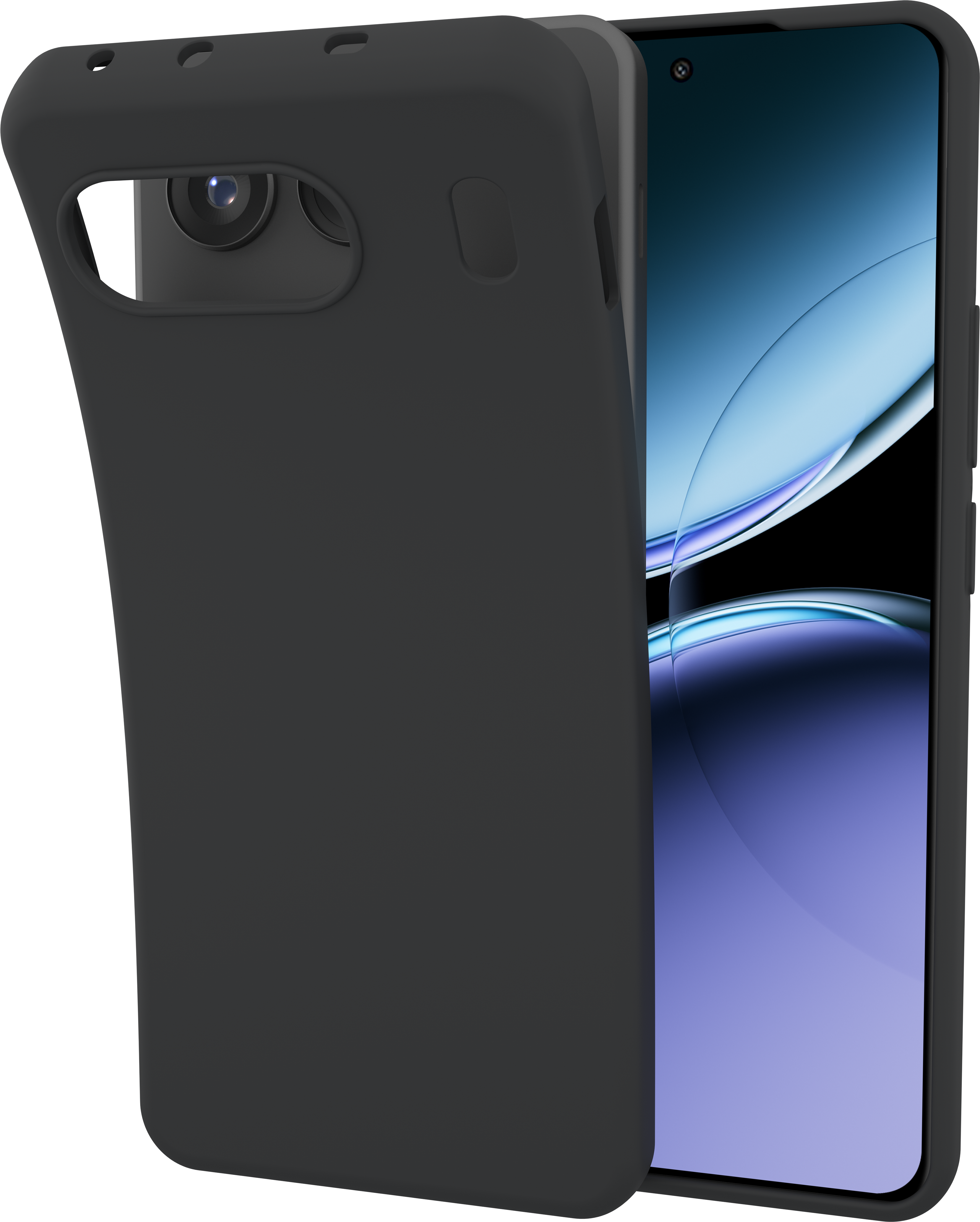 Schwarze Handyhülle. Das Telefon ist teilweise in der Hülle zu sehen.