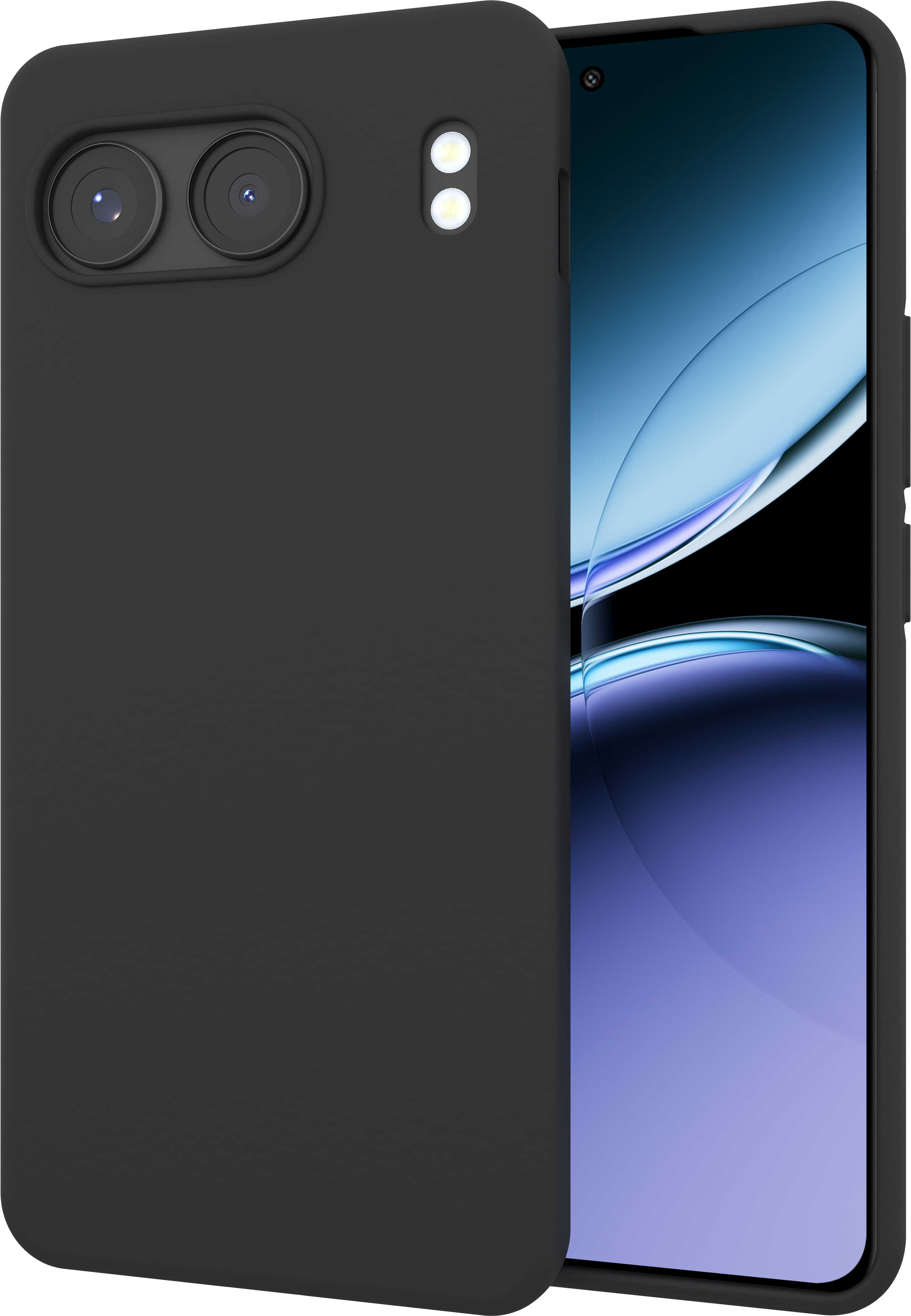 Schwarzes Telefon mit zwei Kameras und einem weißen Licht. Der Bildschirm ist sichtbar. Schwarzes Gehäuse.