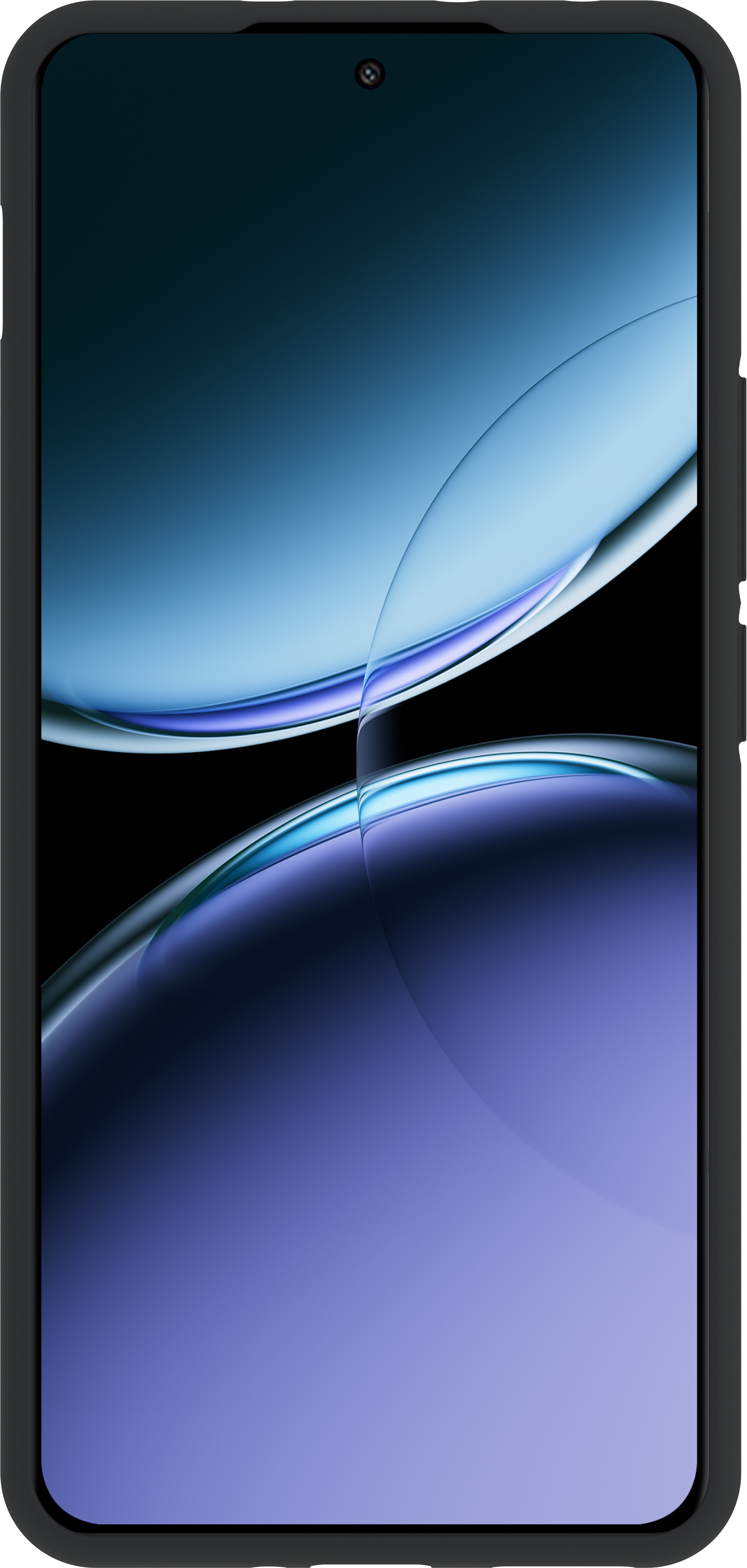 Ein Smartphone mit einem Bildschirm, der ein abstraktes blaues und violettes Design zeigt. Es hat einen schwarzen Rahmen.