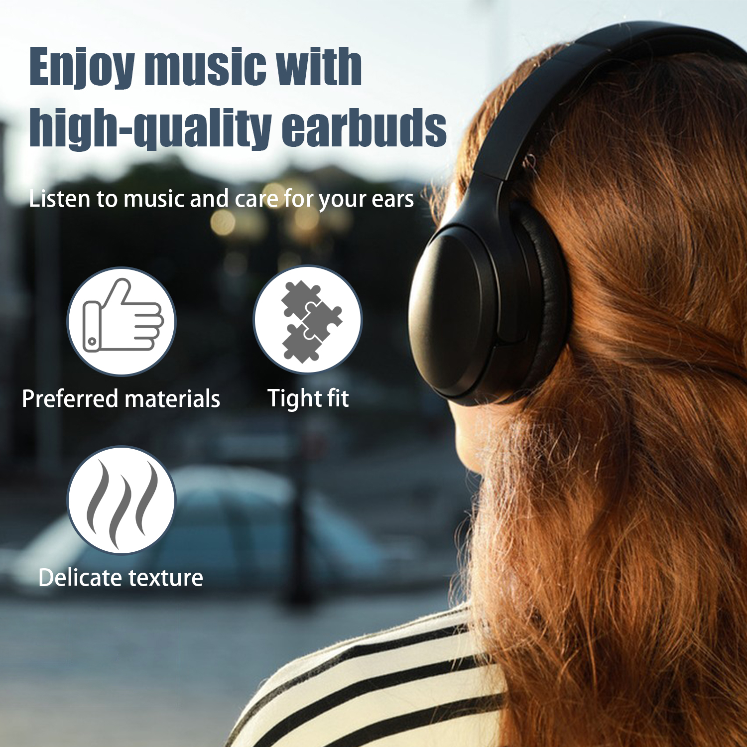 Kobieta w czarnych słuchawkach z ikonami i tekstem o wysokiej jakości słuchawkach.