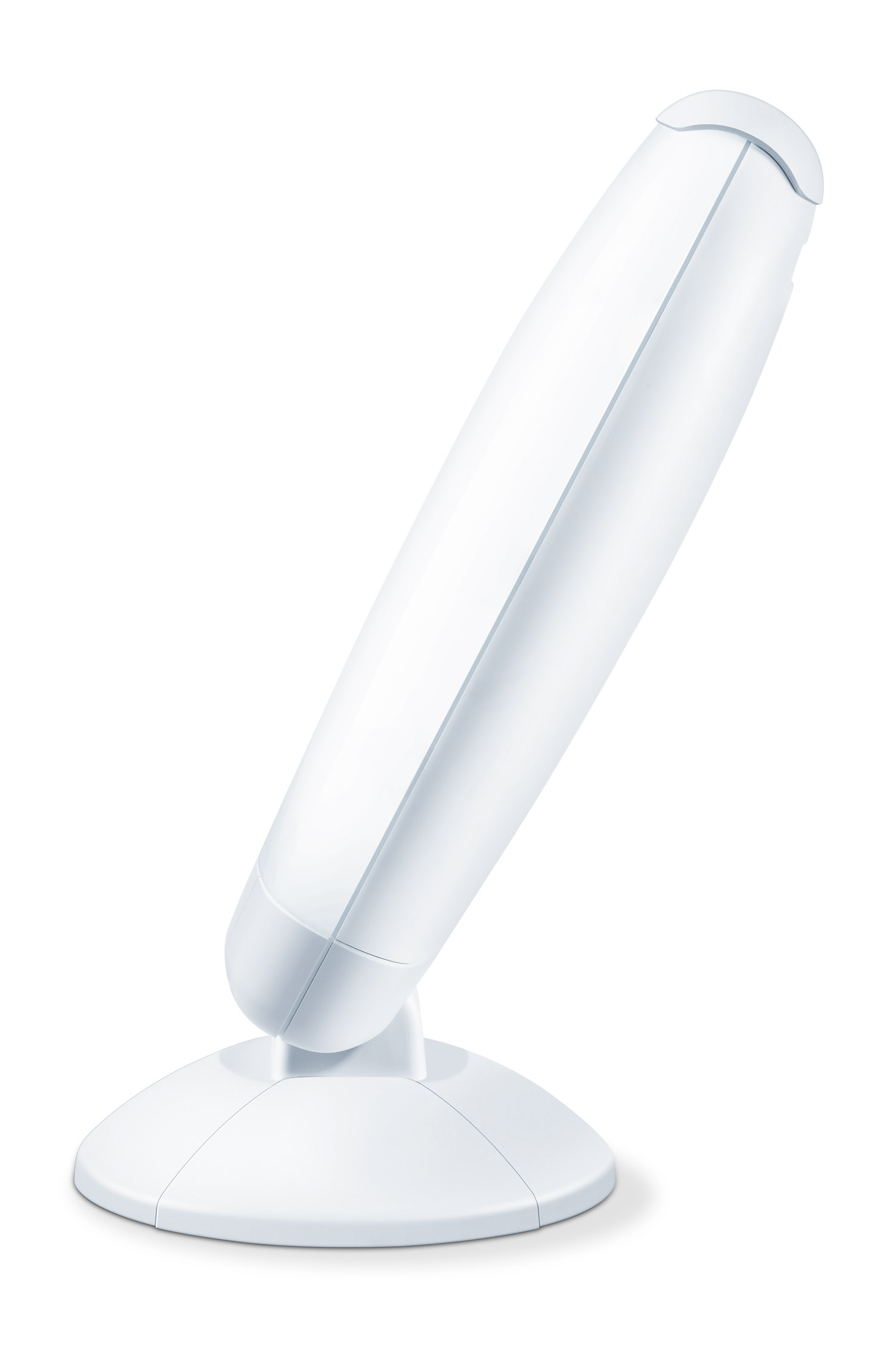A white, curved light therapy lamp on a white base.