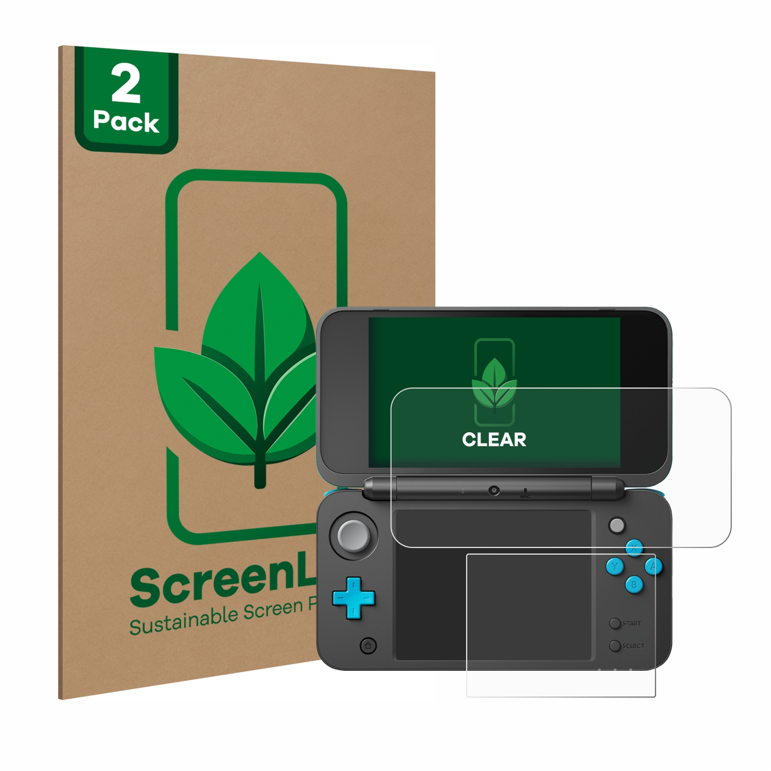 Eine 2DS-Konsole mit Displayschutzfolien in einer Verpackung.