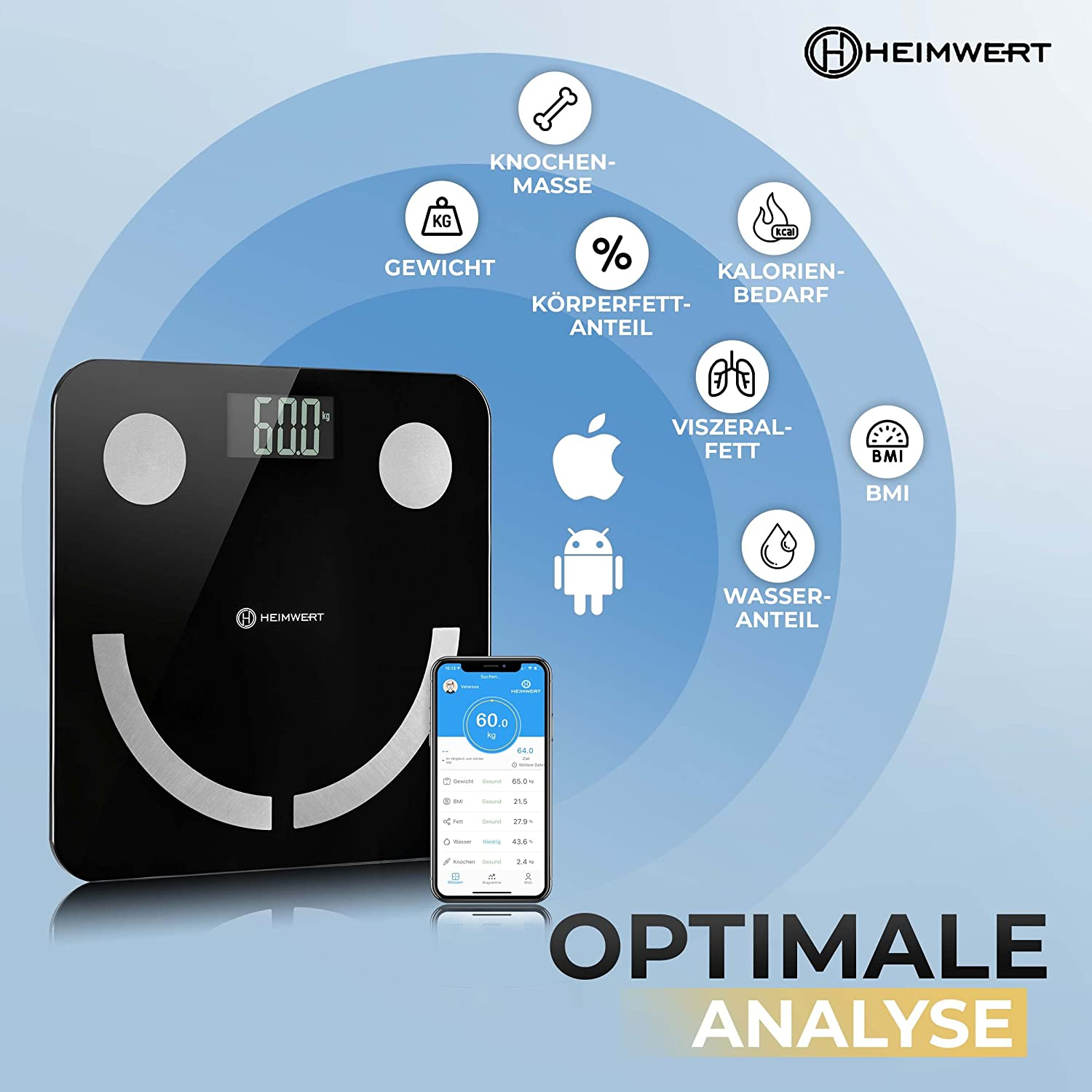 Schwarze Smart-Waage, Smartphone zeigt Gewicht, Symbole für Körpermetriken.