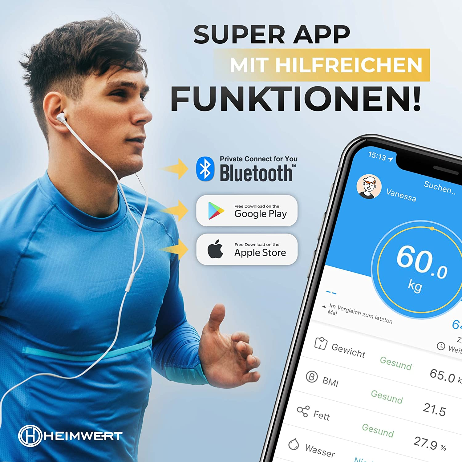 Mann, der eine App auf einem Telefon zum Thema Gewicht verwendet. Die App zeigt Gewichts- und BMI-Daten.