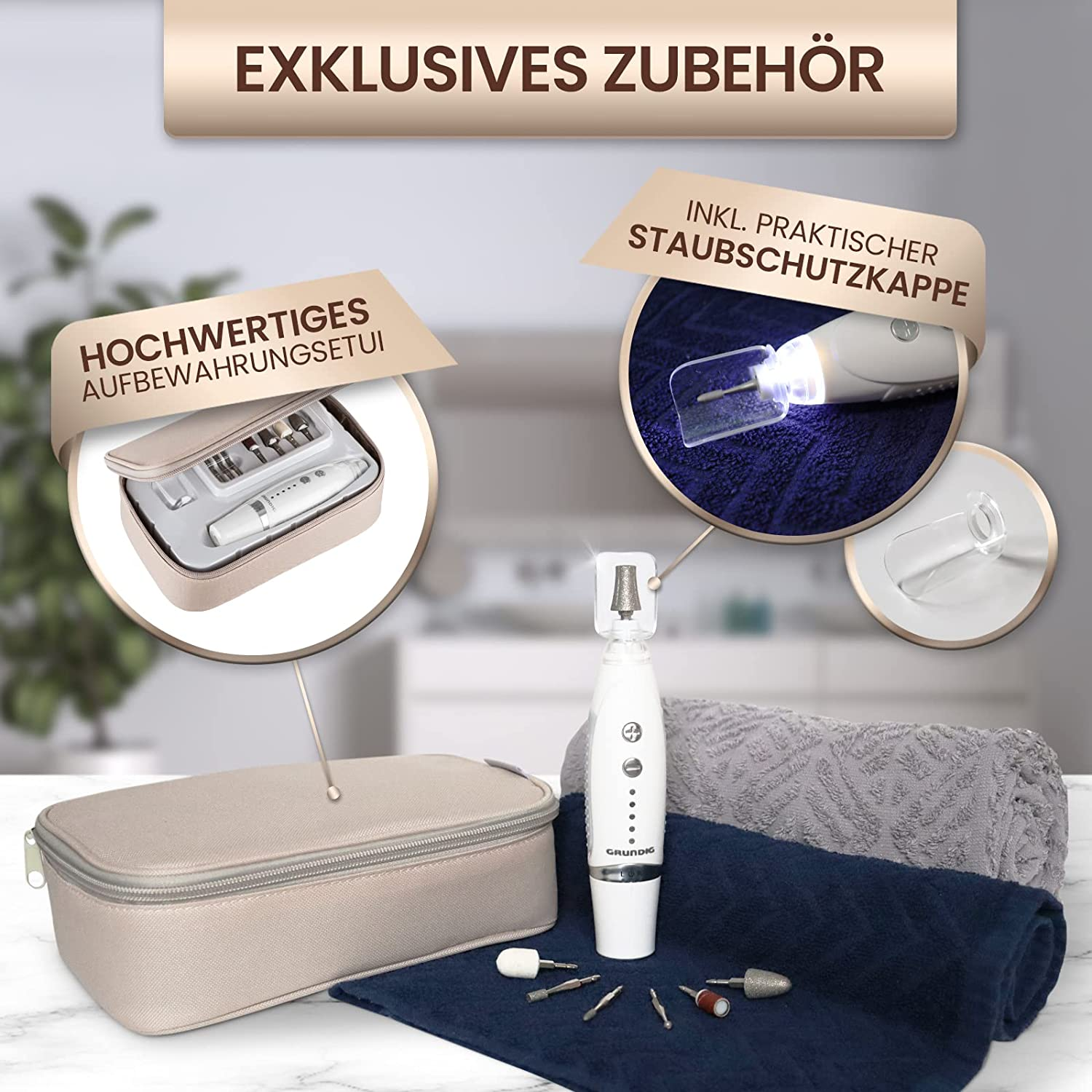 Ein Nagelpflege-Set mit weißem Gerät, Zubehör und einer Tragetasche. Es enthält ein Handtuch und ein blaues Tuch.