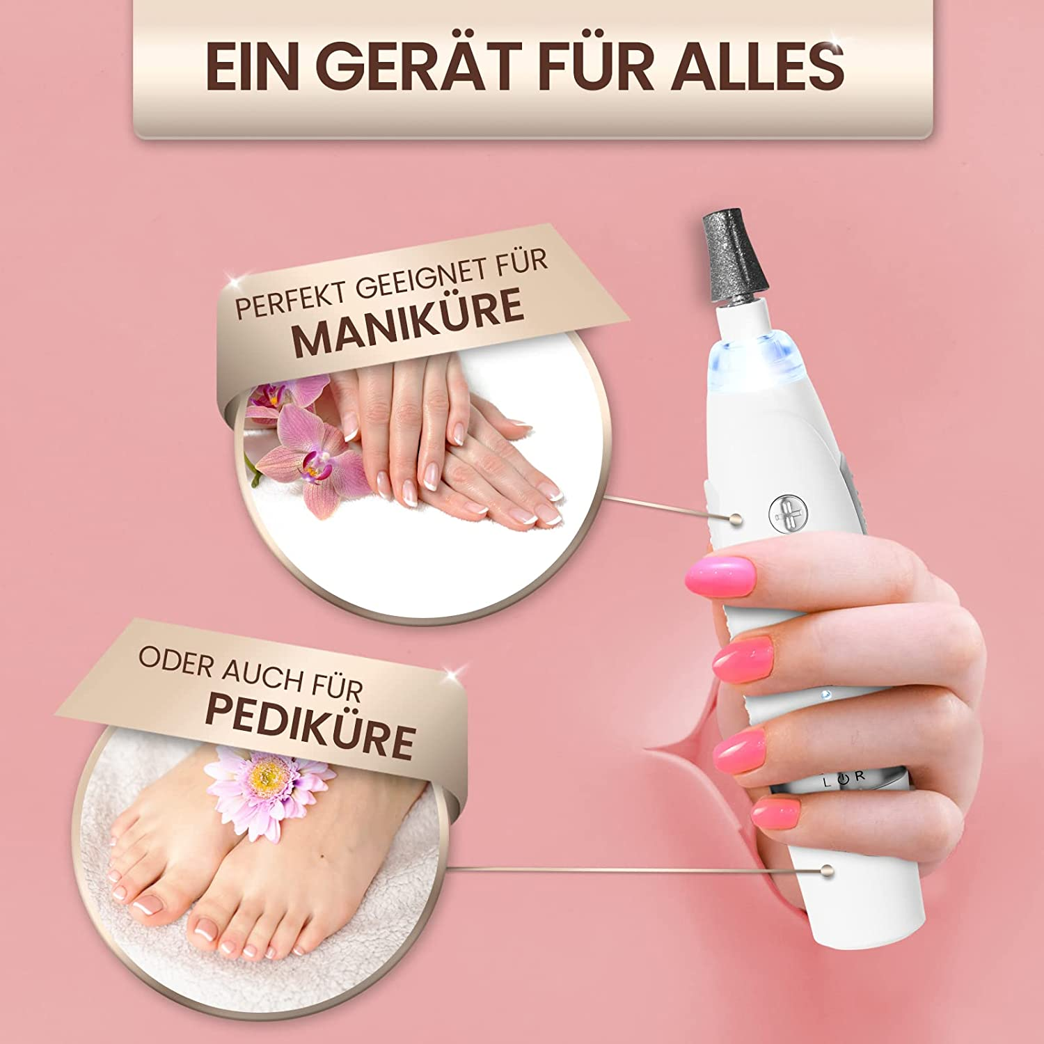 Eine Hand hält ein weißes Nagelpflegegerät mit pinken Nägeln. Grafiken zeigen Anwendungen für Maniküre und Pediküre. Text sagt 'Ein Gerät für alles'.