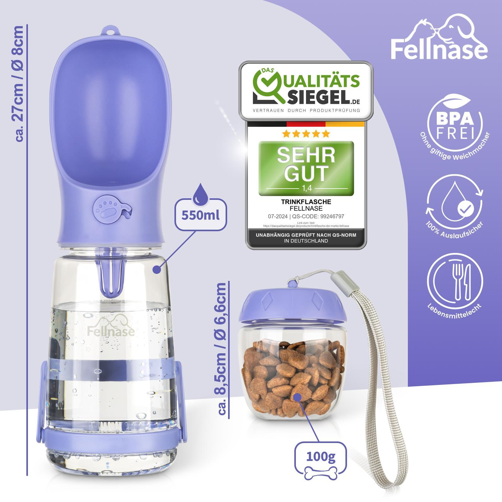 Lila Haustier-Wasserflasche mit Futterbehälter und Zubehör.