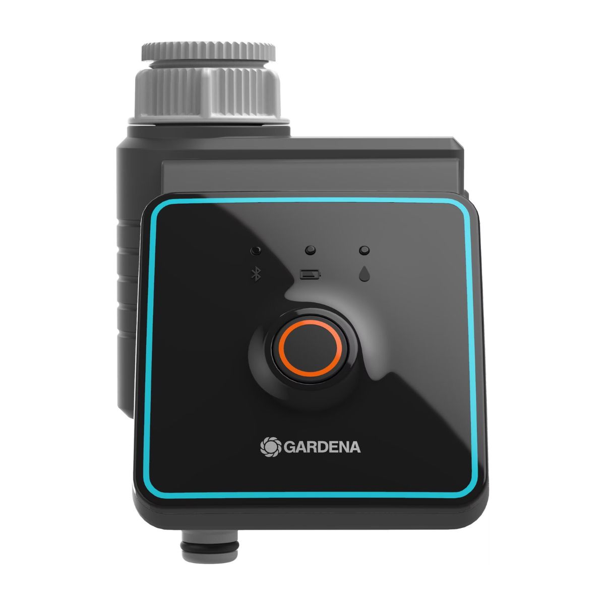 Ein schwarzer, rechteckiger Gartenwasser-Timer mit blauem Quadrat. Mit orangefarbener Taste.