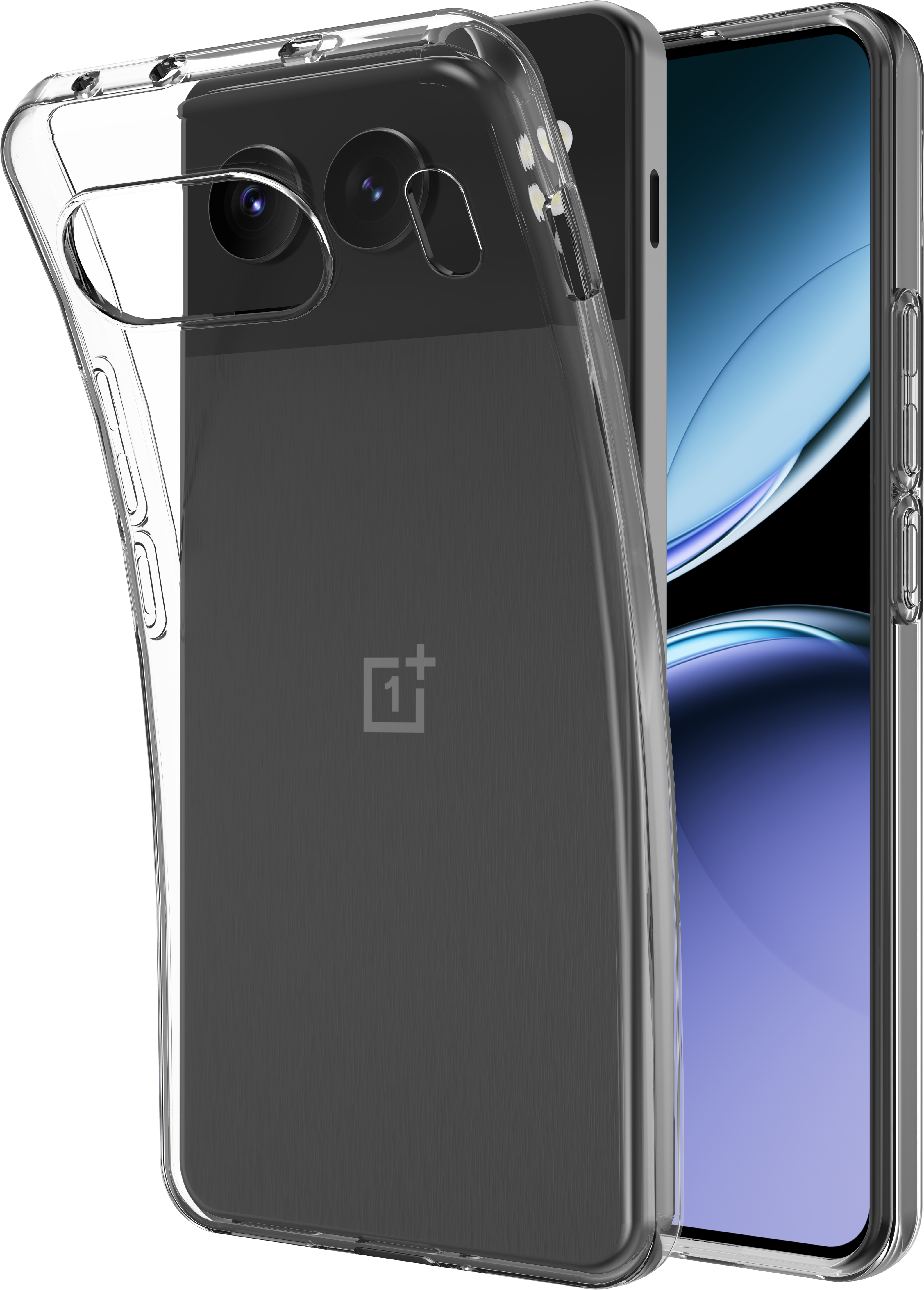 Eine transparente Handyhülle auf einem schwarzen Telefon mit zwei Objektiven und weißem Hintergrund.