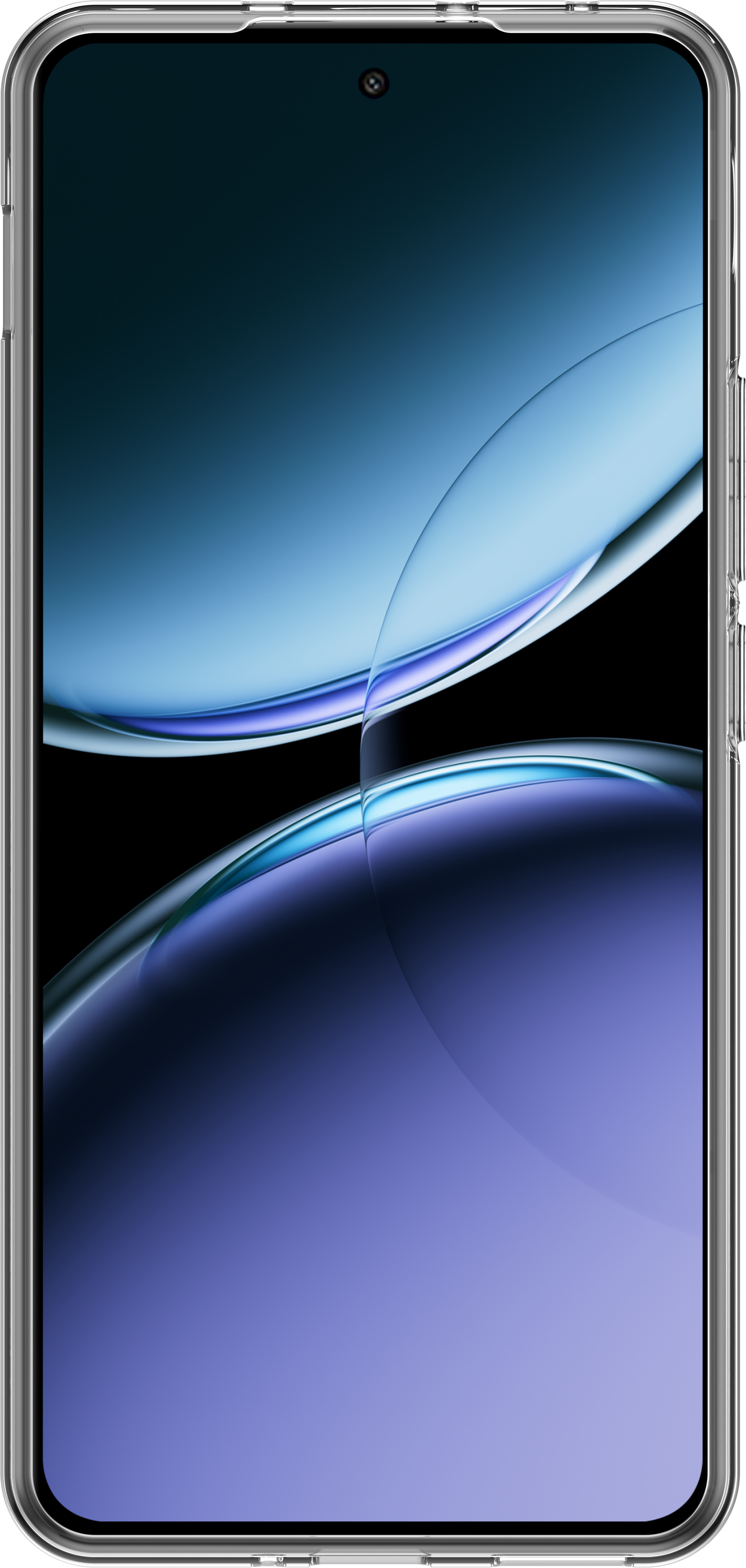 Smartphone mit klarer Hülle, zeigt bunten abstrakten Hintergrund.