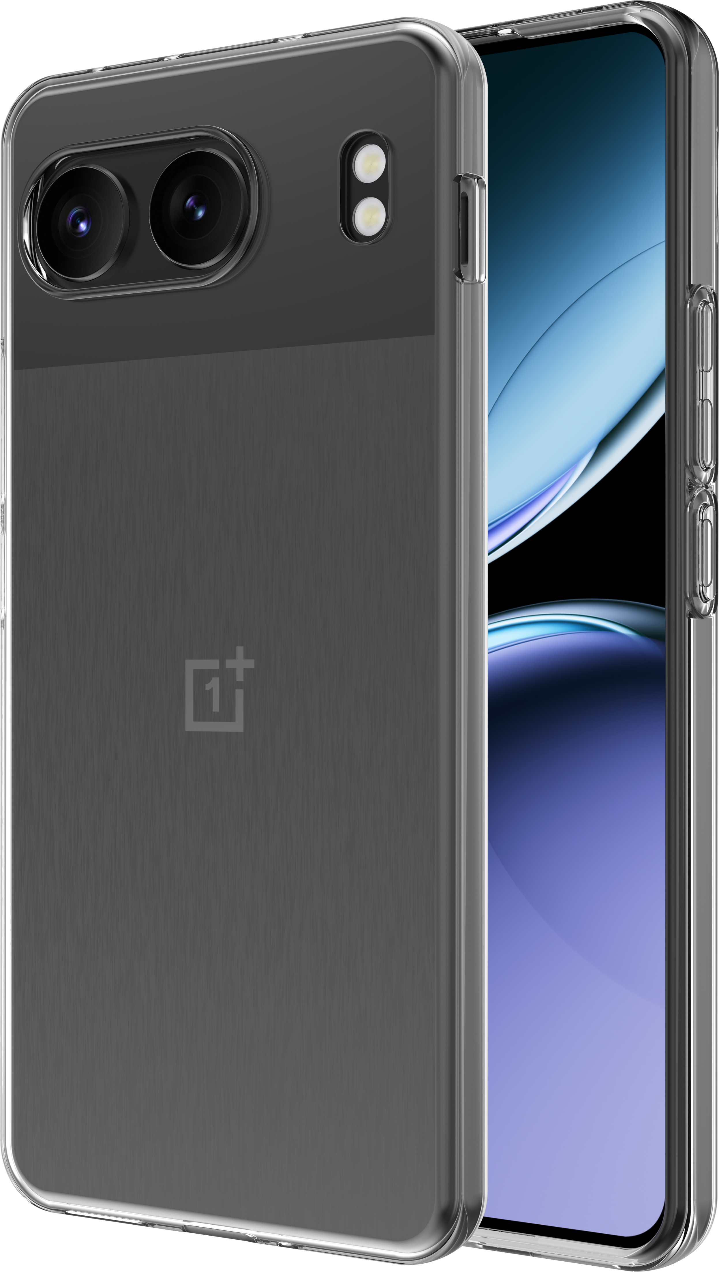 Ein Smartphone in einer Hülle. Das Telefon ist schwarz und hat eine Doppelkamara.