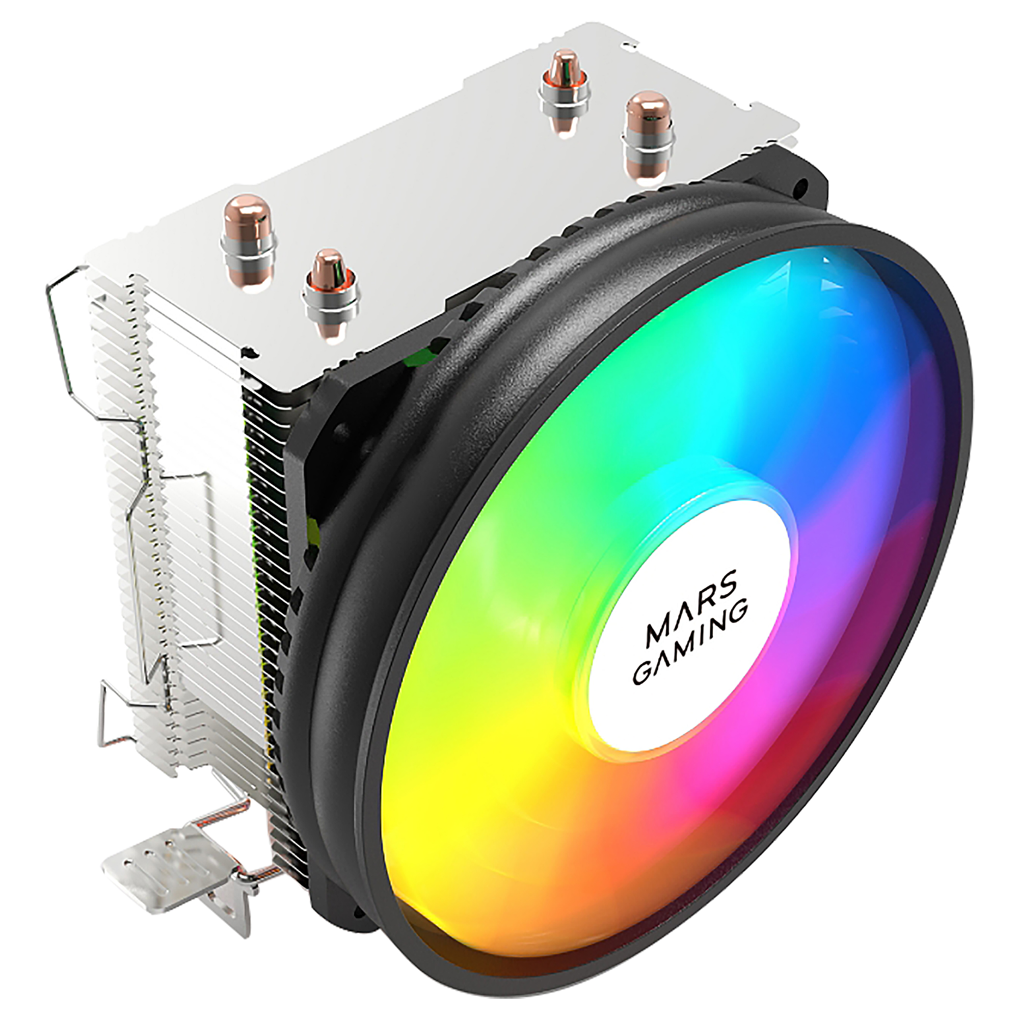 Chłodnica procesora z wentylatorem, który ma kolorowe, wielokolorowe światła.