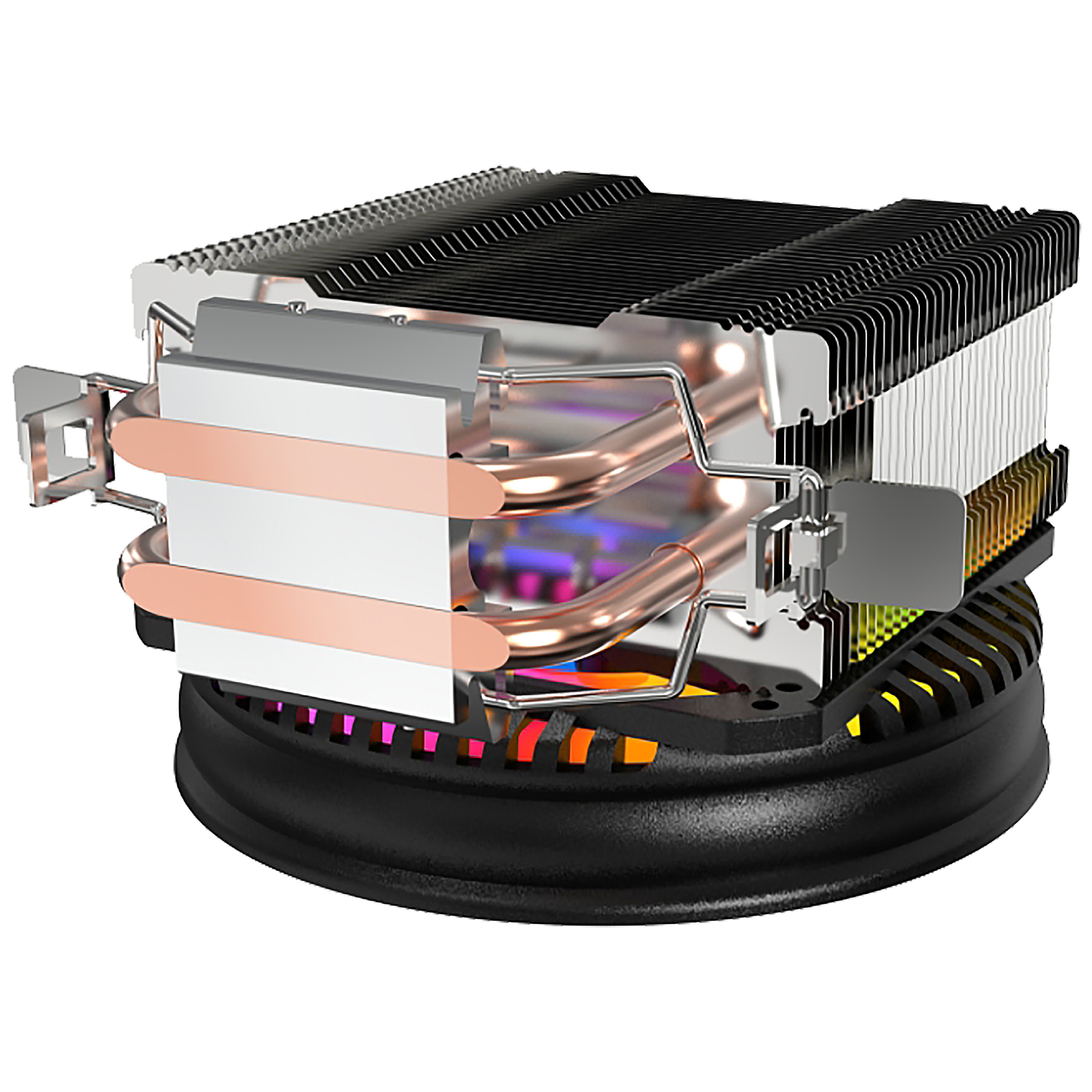 Chłodzenie procesora komputera z miedzianymi rurkami cieplnymi i żeberkami, czarną podstawą i kolorowymi światłami.
