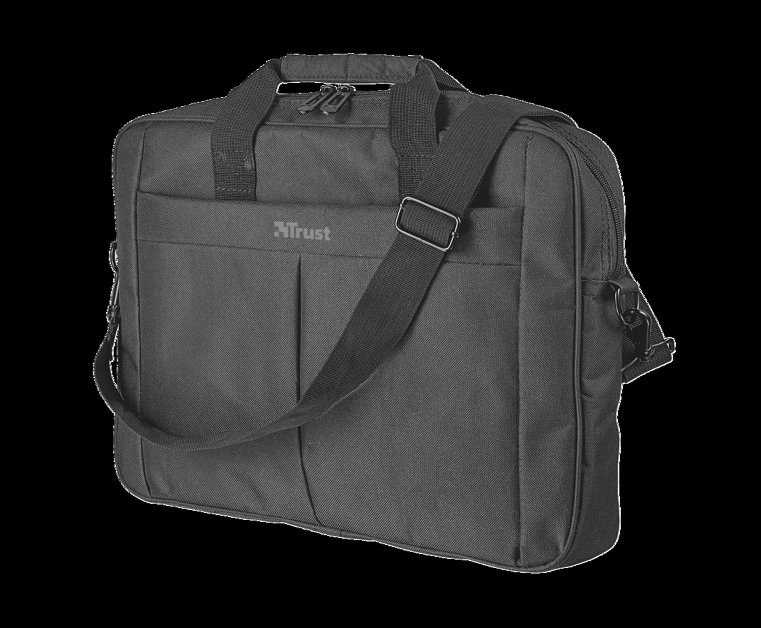 Una borsa per laptop nera con manici e tracolla. Il marchio TRUST è visibile.