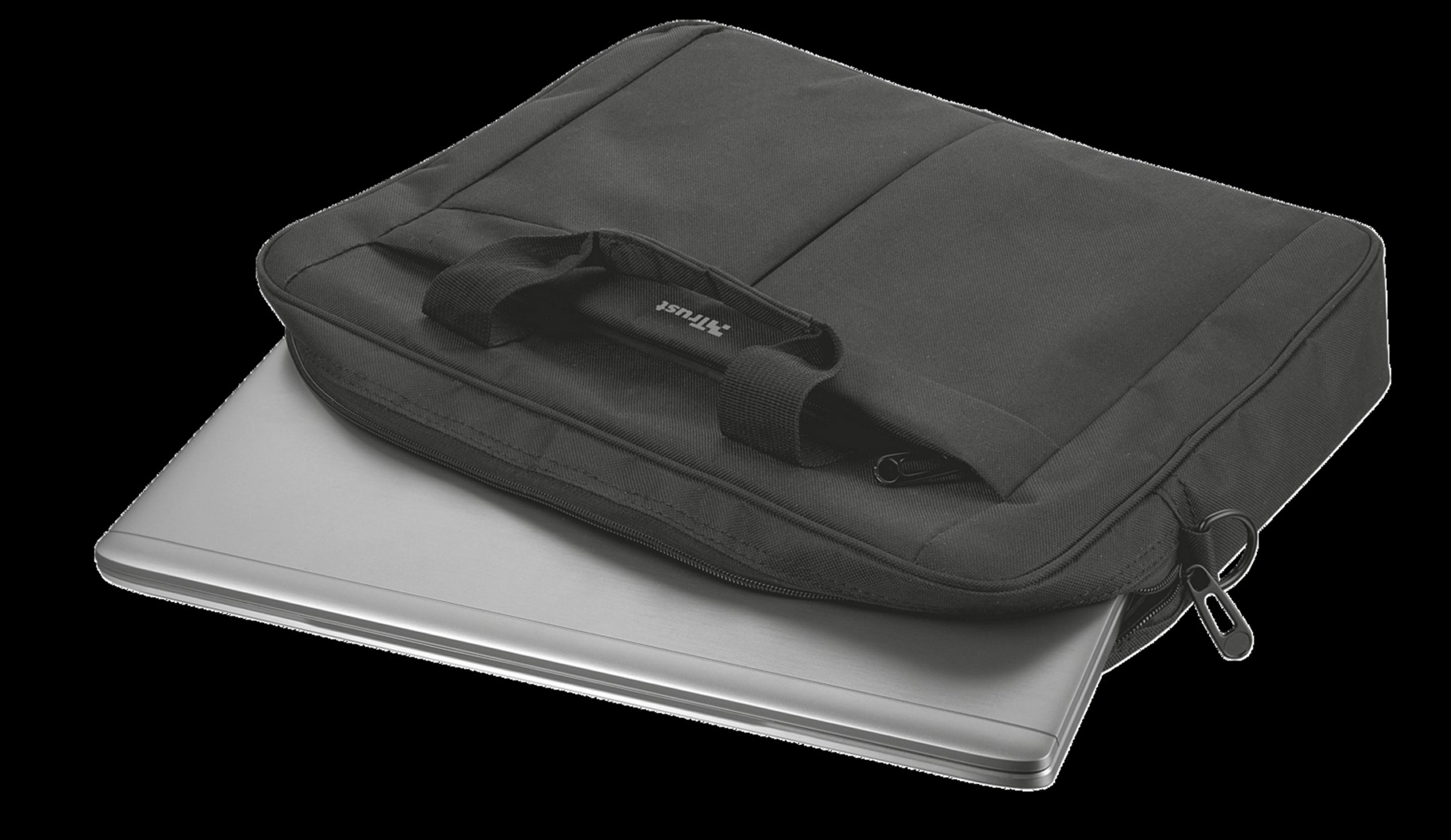 Custodia per laptop nera con un laptop argentato all'interno. La custodia è parzialmente aperta.