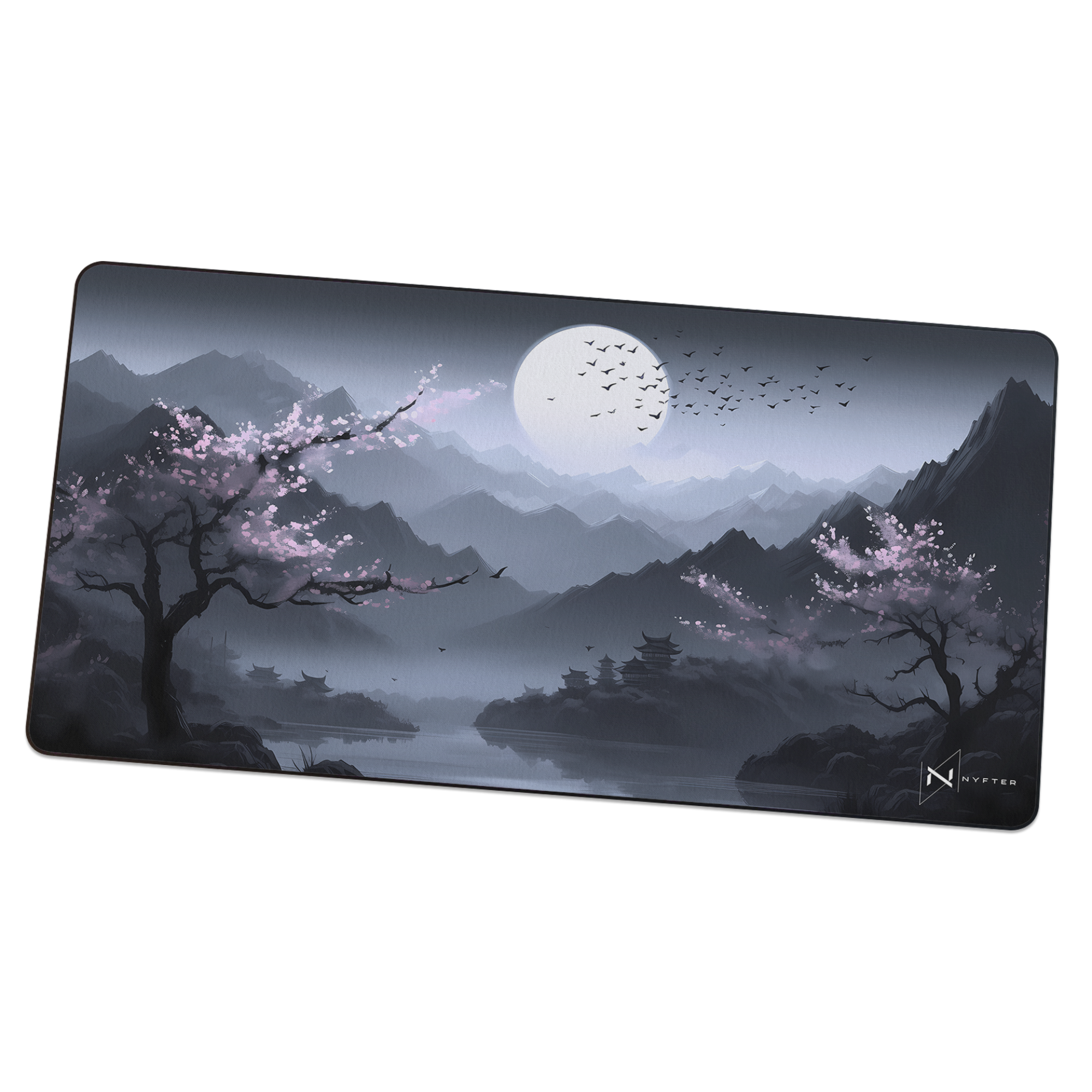 Mauspad mit asiatischer Landschaft, mit Bergen, Bäumen, Mond und See.
