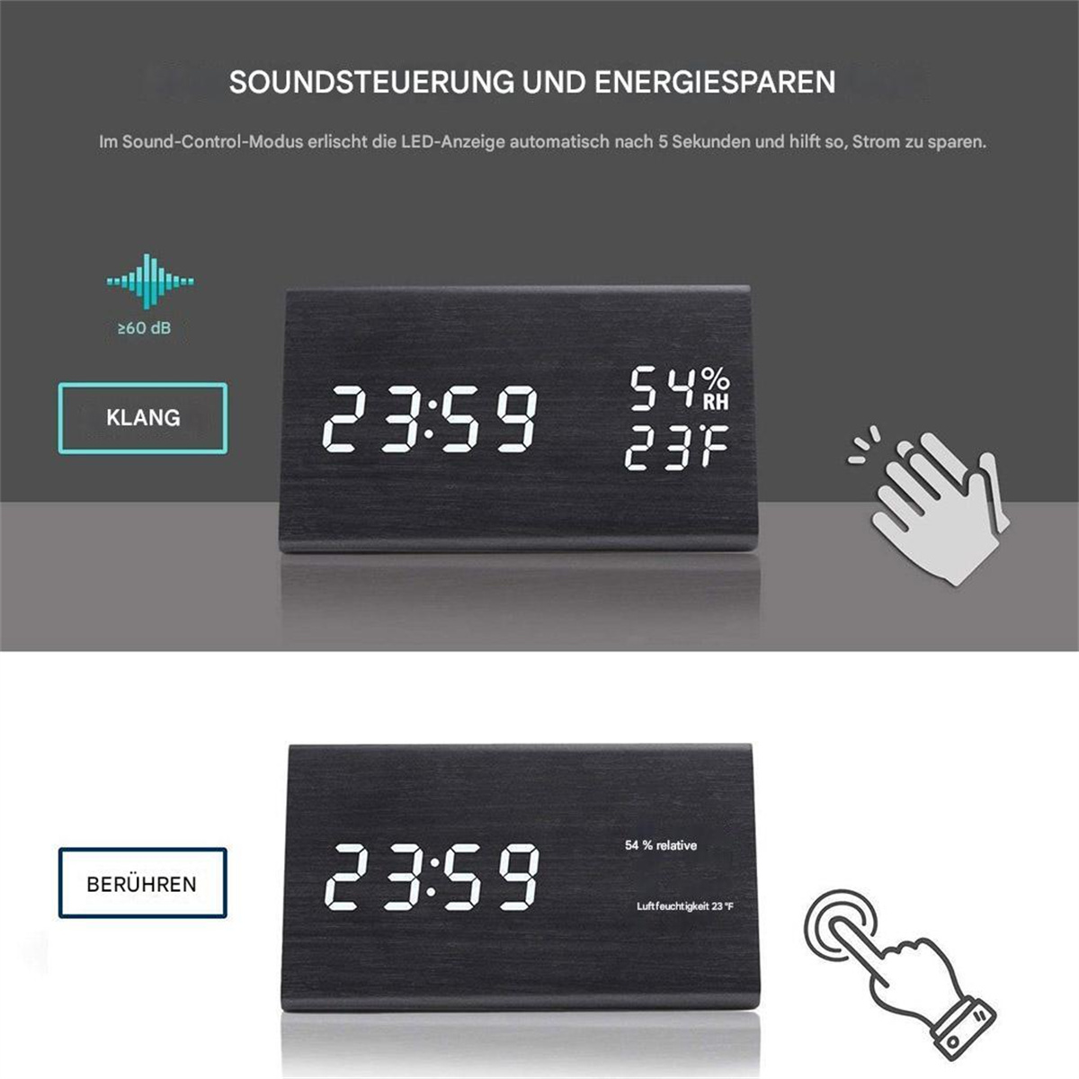 Eine schwarze Digitaluhr. Die Uhr zeigt Zeit, Luftfeuchtigkeit und Temperatur an.
