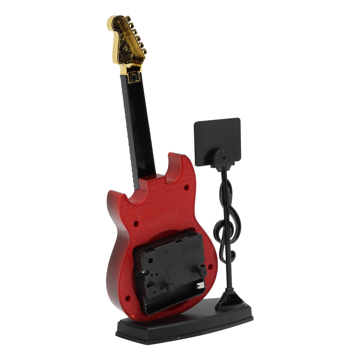 Rote Gitarrenuhr mit schwarzem Ständer und Notensymbol.